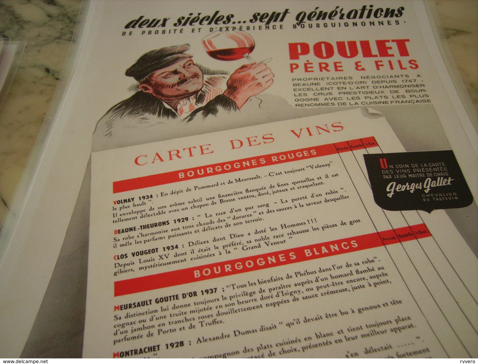 ANCIENNE PUBLICITE VIN POULET ET FILS BOURGOGNE 1951 - Alcohols