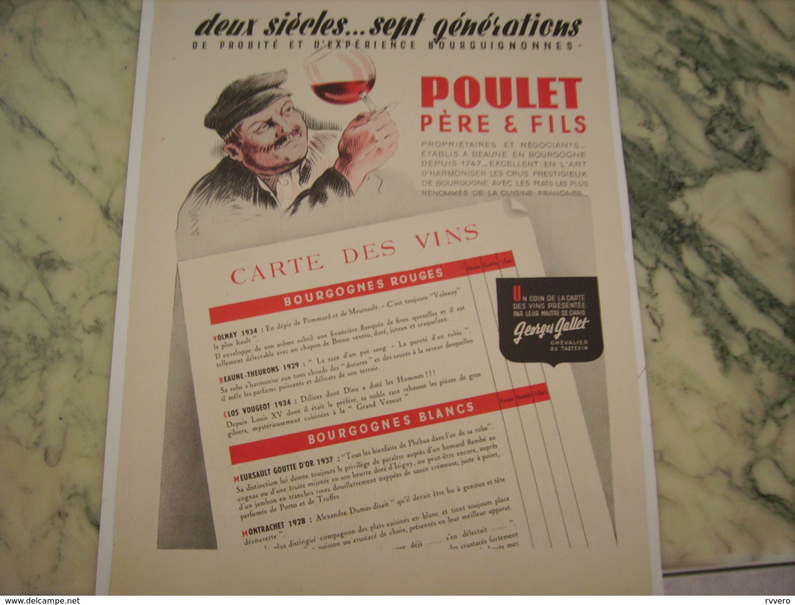 ANCIENNE PUBLICITE VIN POULET ET FILS BOURGOGNE 1951 - Alcohols