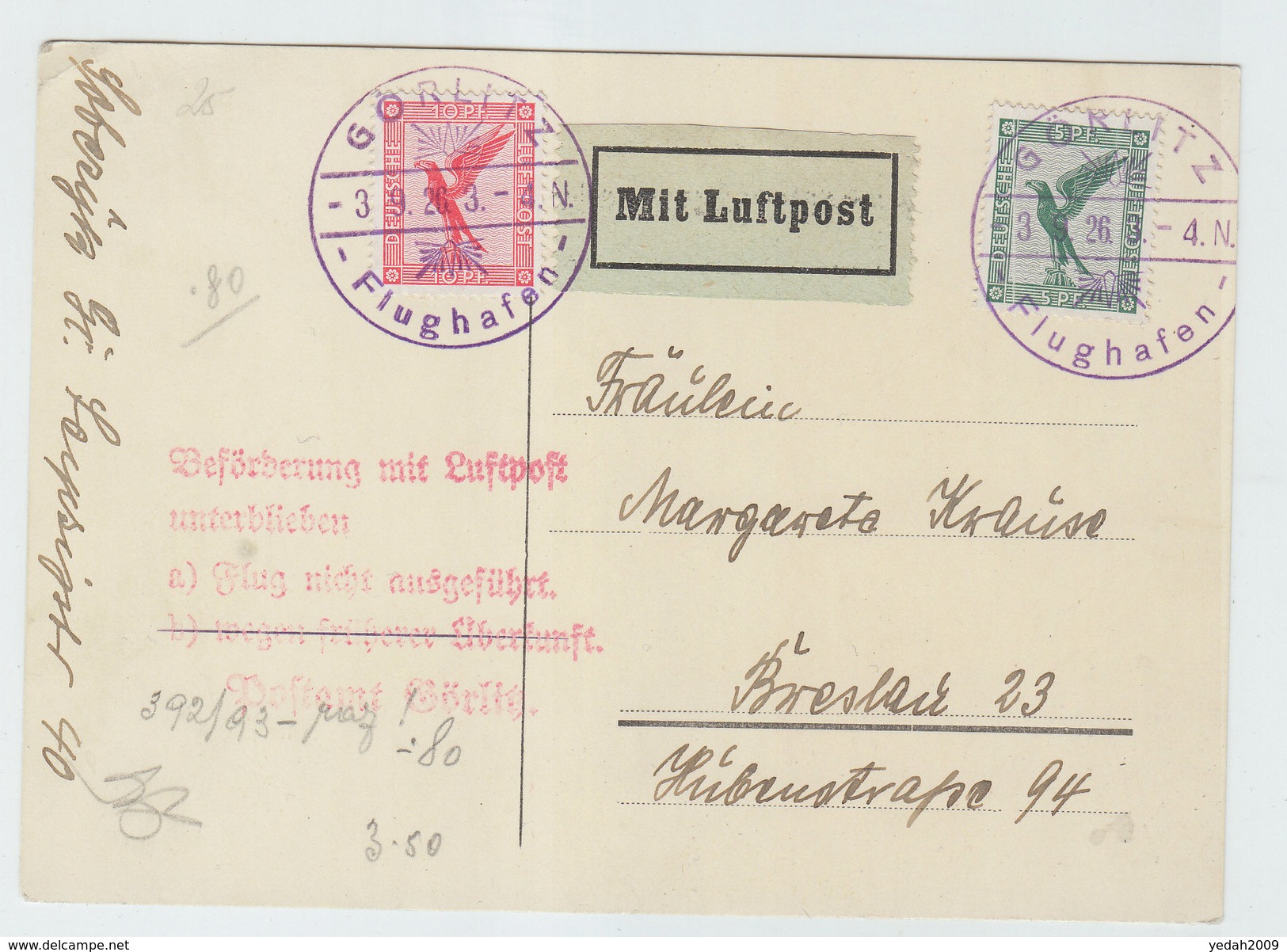 Germany Deutsches Reich GORLITZ FLUGHAFEN LUFTPOST AIRMAIL POSTAL CARD 1926 - Lettres & Documents