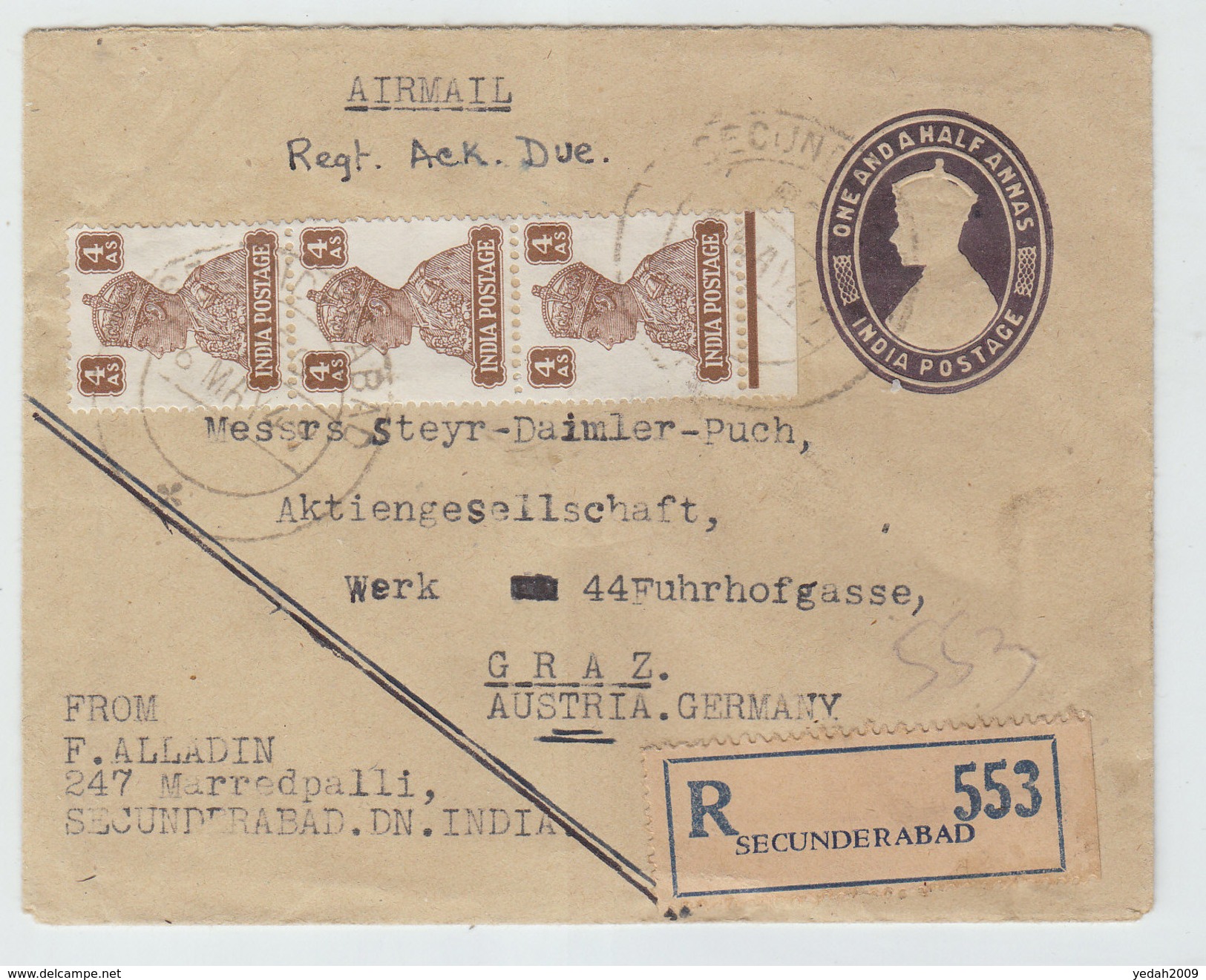 India/Austria SECUNDERABAD AIRMAIL REGISTERED COVER 1949 - Covers & Documents