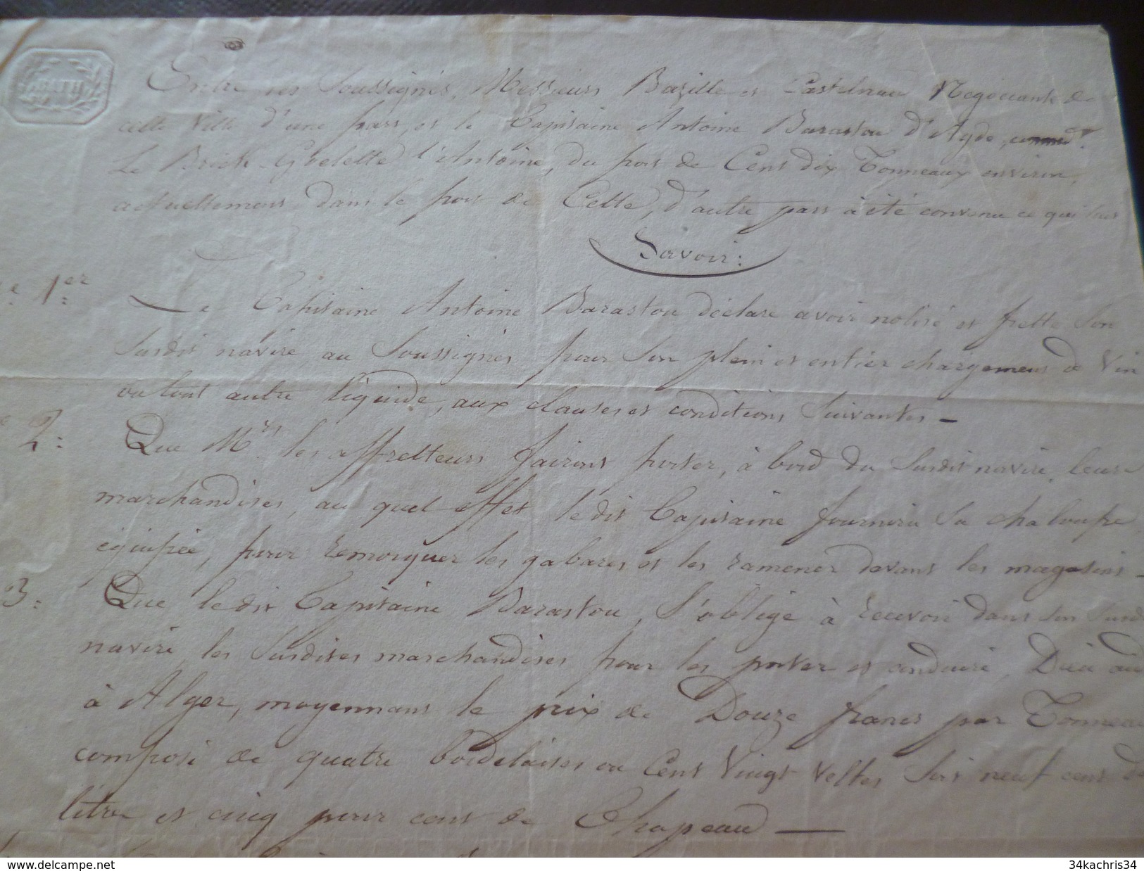 1841 Contrat De Transport De Vin De Cette Sète à Alger - Transports