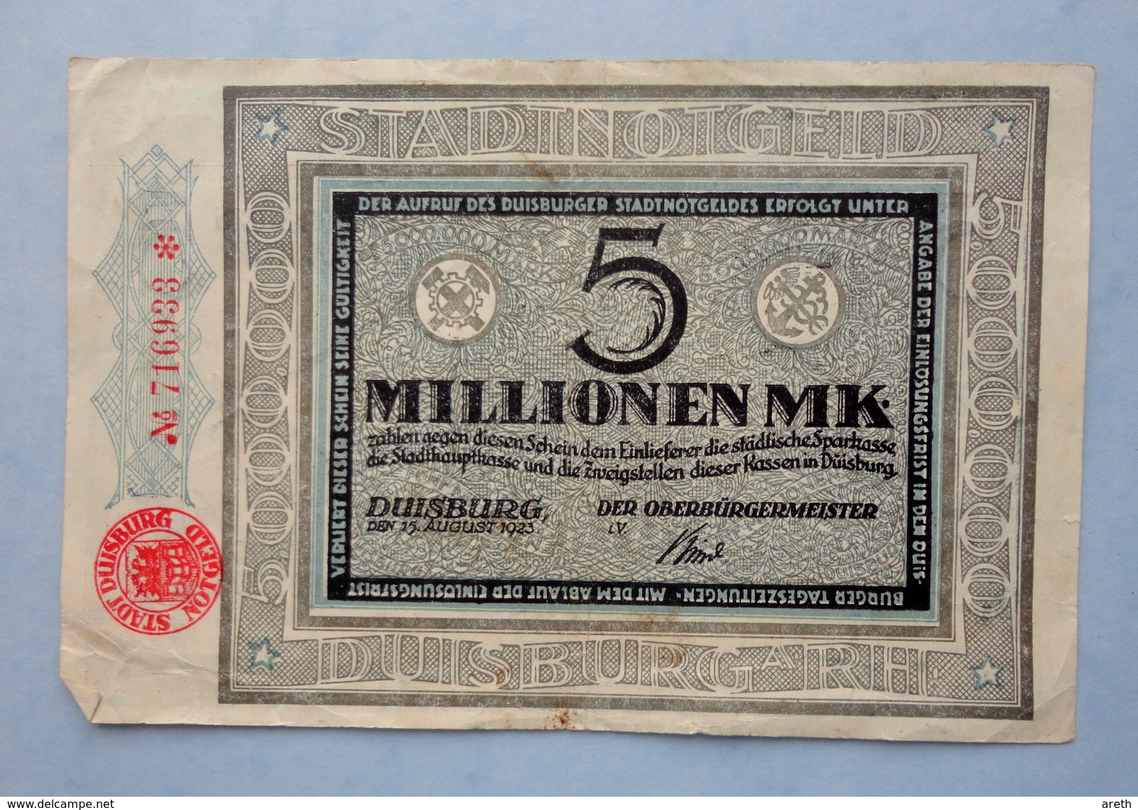 Allemagne -  5 Millionen  Mark DUISBURG 1923 -  Billet De La Période D'inflation - 5 Millionen Mark