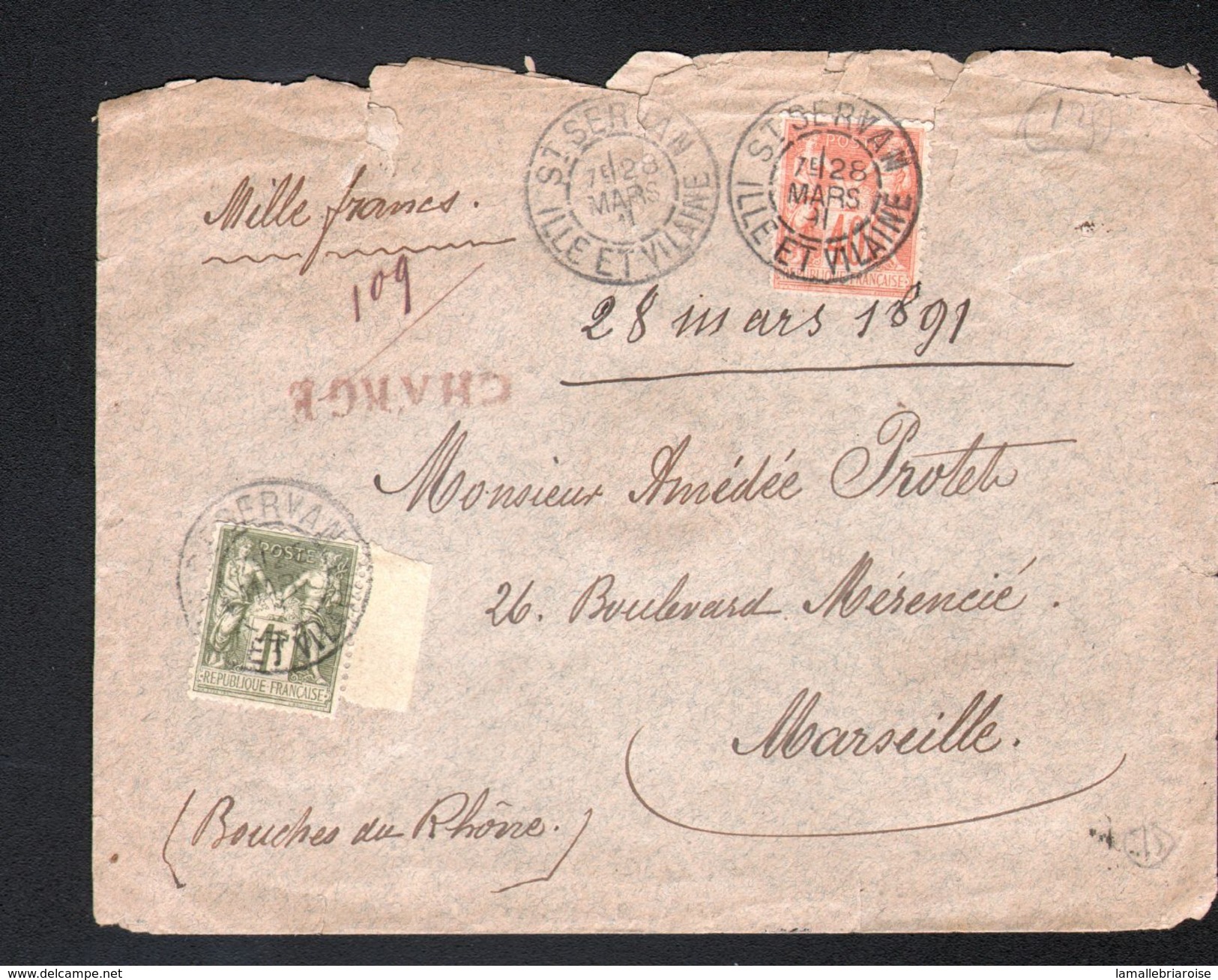 Lettre De Saint Servan ( Ille Et Vilaine)chargée, De1891 Pour Marseille - 1898-1900 Sage (Type III)