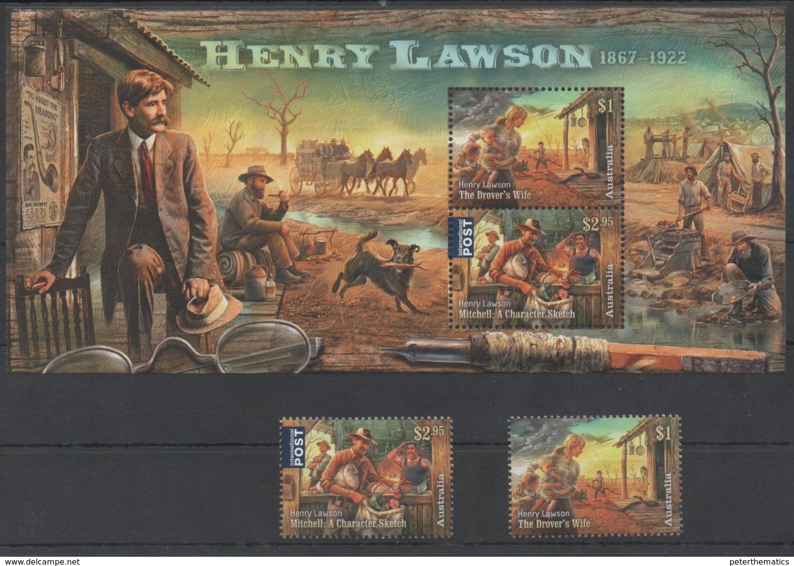 AUSTRALIA, 2017, MNH, HENRY LAWSON, WRITERS, DOGS, SNAKES, HORSES, GOLD MINING,  4v+SHEETLET - Ecrivains