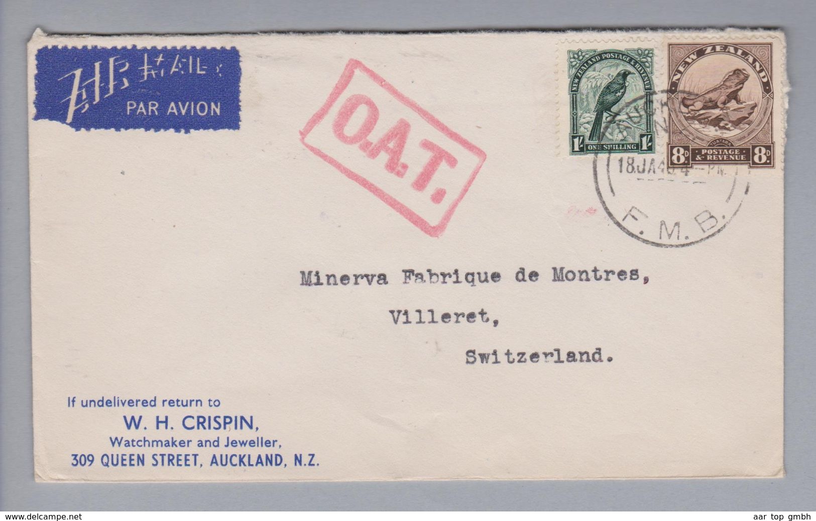 New Zealand 1945-01-18 Auckland O.A.T. Luftpostbrief Nach Villeret CH - Lettres & Documents