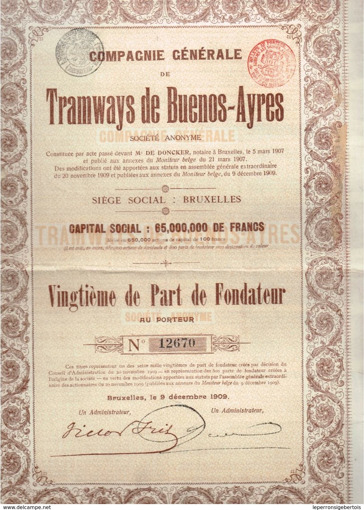 Action Ancienne - Compagnie Générale De Tramways De Buenos-Ayres - Titre De 1909 - Chemin De Fer & Tramway