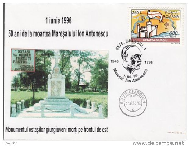 MARSHALL ION ANTONESCU, SOLDIERS MONUMENT, SPECIAL COVER, 1996, ROMANIA - Briefe U. Dokumente