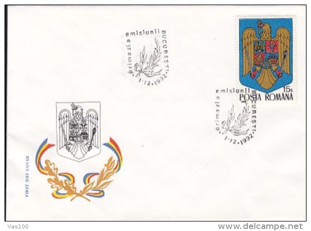 COAT OF ARMS, ROMANIAN DEMOCRATIC REPUBLIC, COVER FDC, 1992, ROMANIA - Briefe U. Dokumente