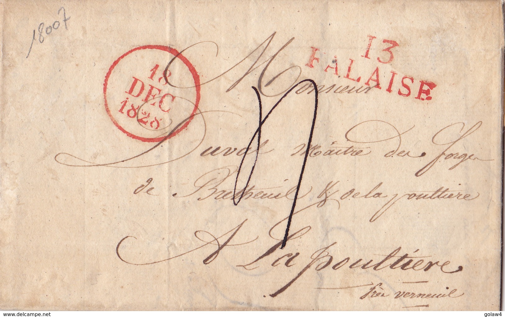 18007# CALVADOS 13 FALAISE LETTRE Datée De 1828 32*12mm ROUGE Pour LA POULTIERE VERNEUIL EURE - 1801-1848: Précurseurs XIX