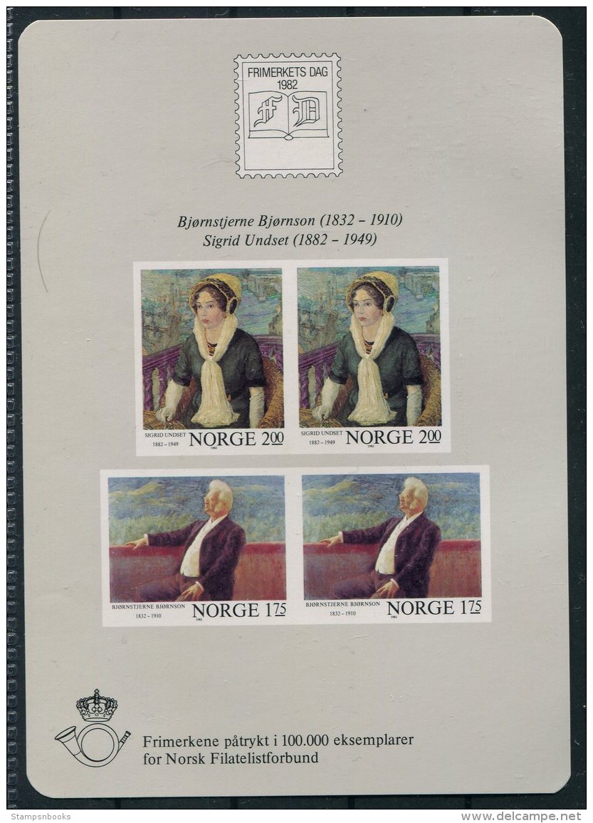 1982 Norway Frimerkets Dag, Bjornstjerne Bjornson, Sigrid Undset Stamp Day Souvenir Sheet - Blocks & Sheetlets