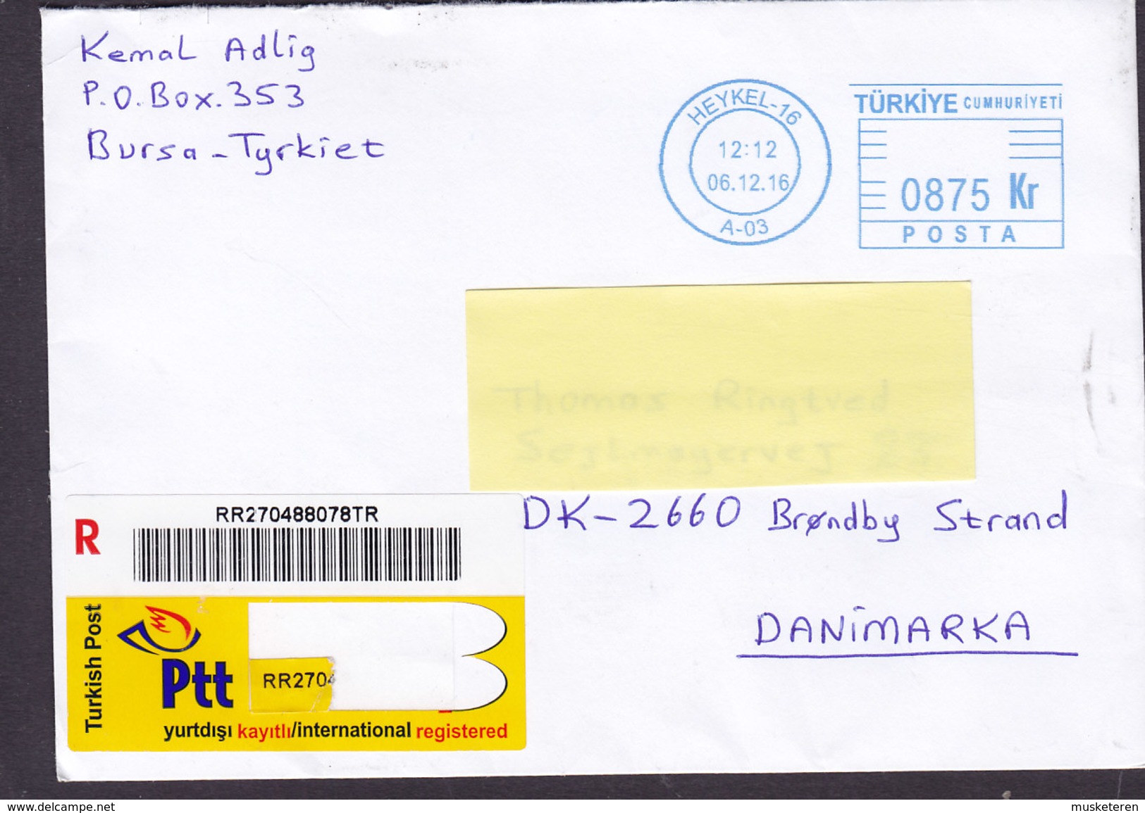 Turkey Registered Recommandé Einschreiben Label HEYKEL 2016 Meter Cover Brief BRØNDBY STRAND Denmark - Cartas & Documentos