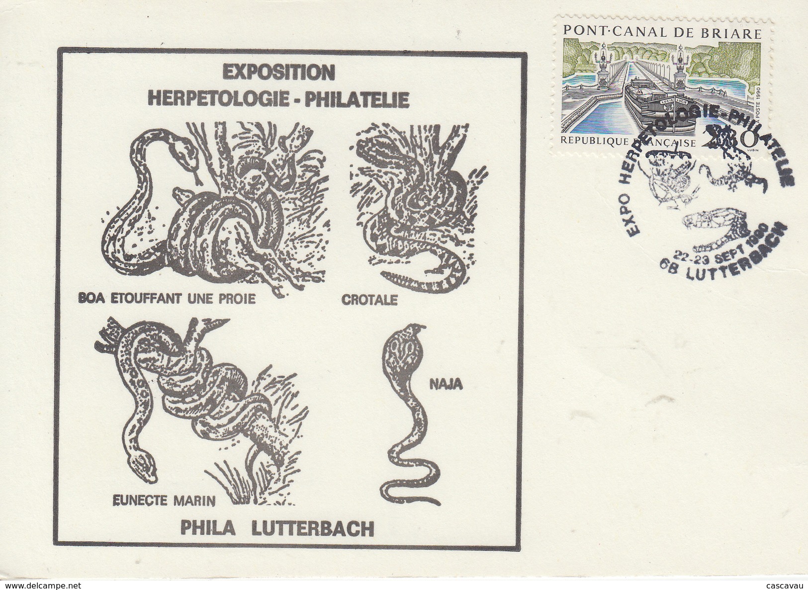 Carte   Exposition   HERPETOLOGIE - PHILATELIE     LUTTERBACH    1990 - Schlangen