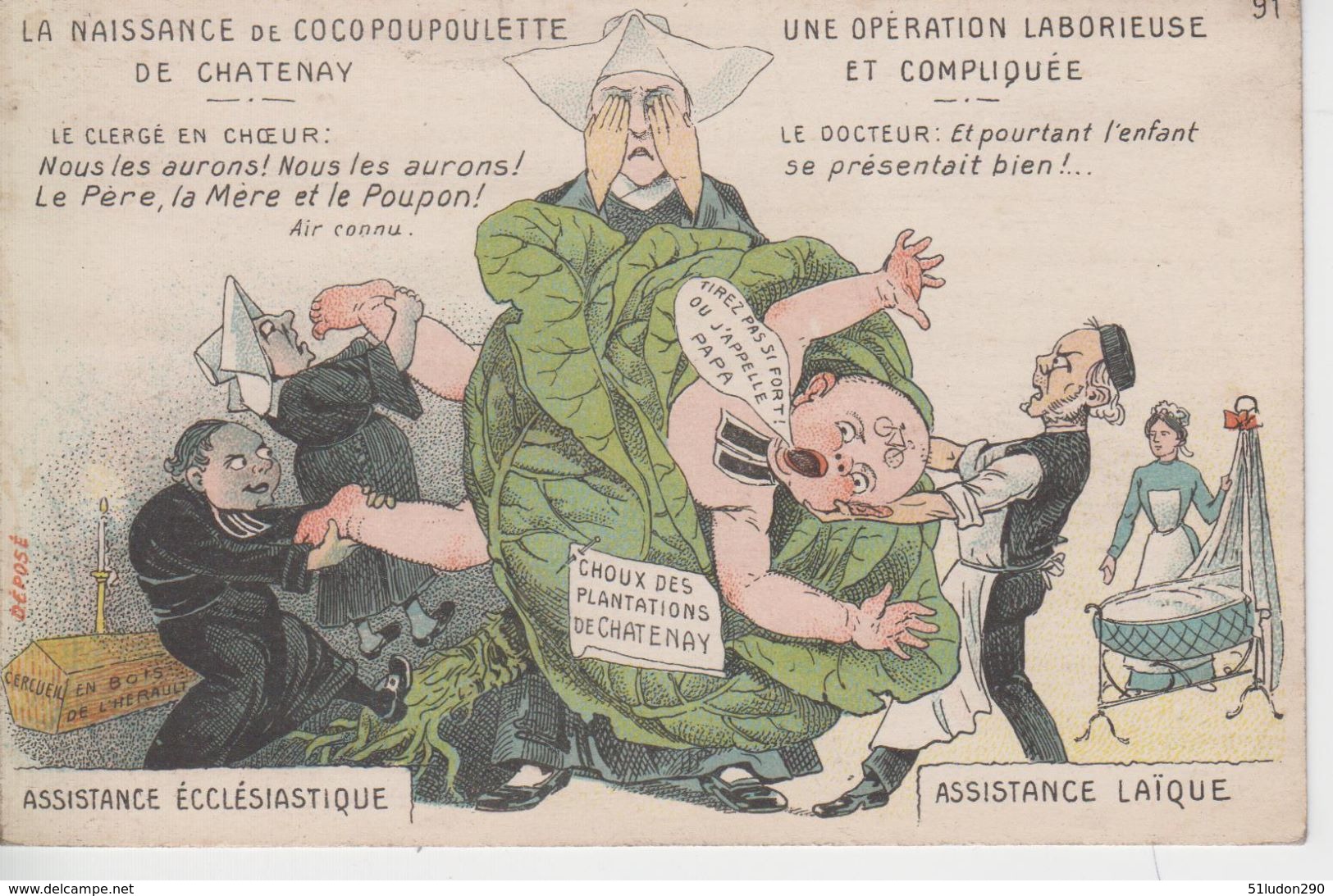 Carte Anticléricale - La Naissance De Cocopoupoulette De Chatenay - Une Opération Laborieuse Et Compliquée - Satiriques