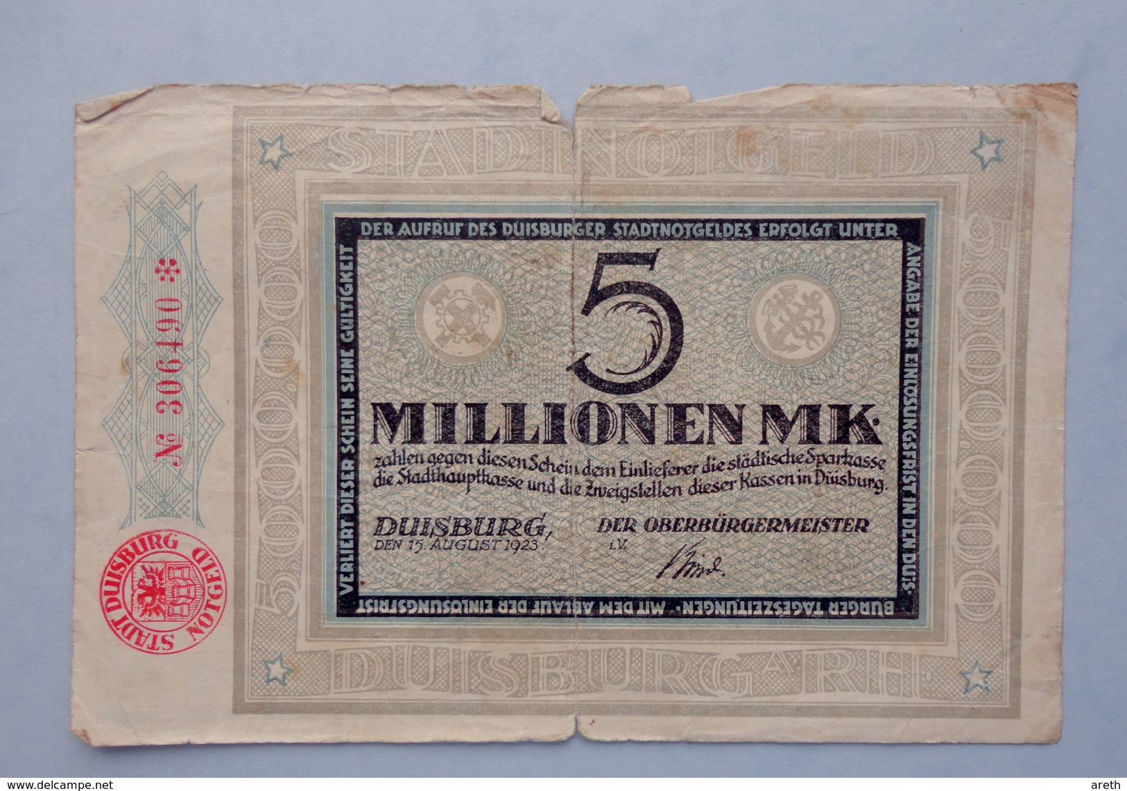 Allemagne -  5 Millionen  Mark DUISBURG 1923 -  Billet De La Période D'inflation - 5 Millionen Mark