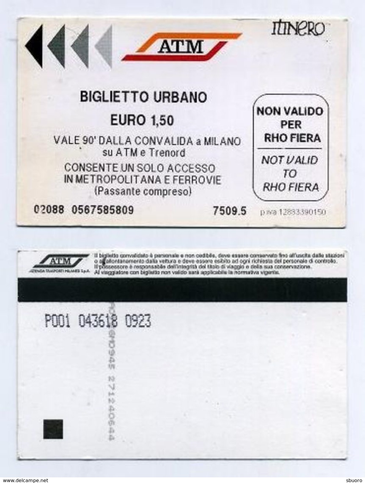 Ticket De Metro - Milan, Italie - Biglietto Urbano - ATM Itinero - Not Valid To Rho Fiera - Europe