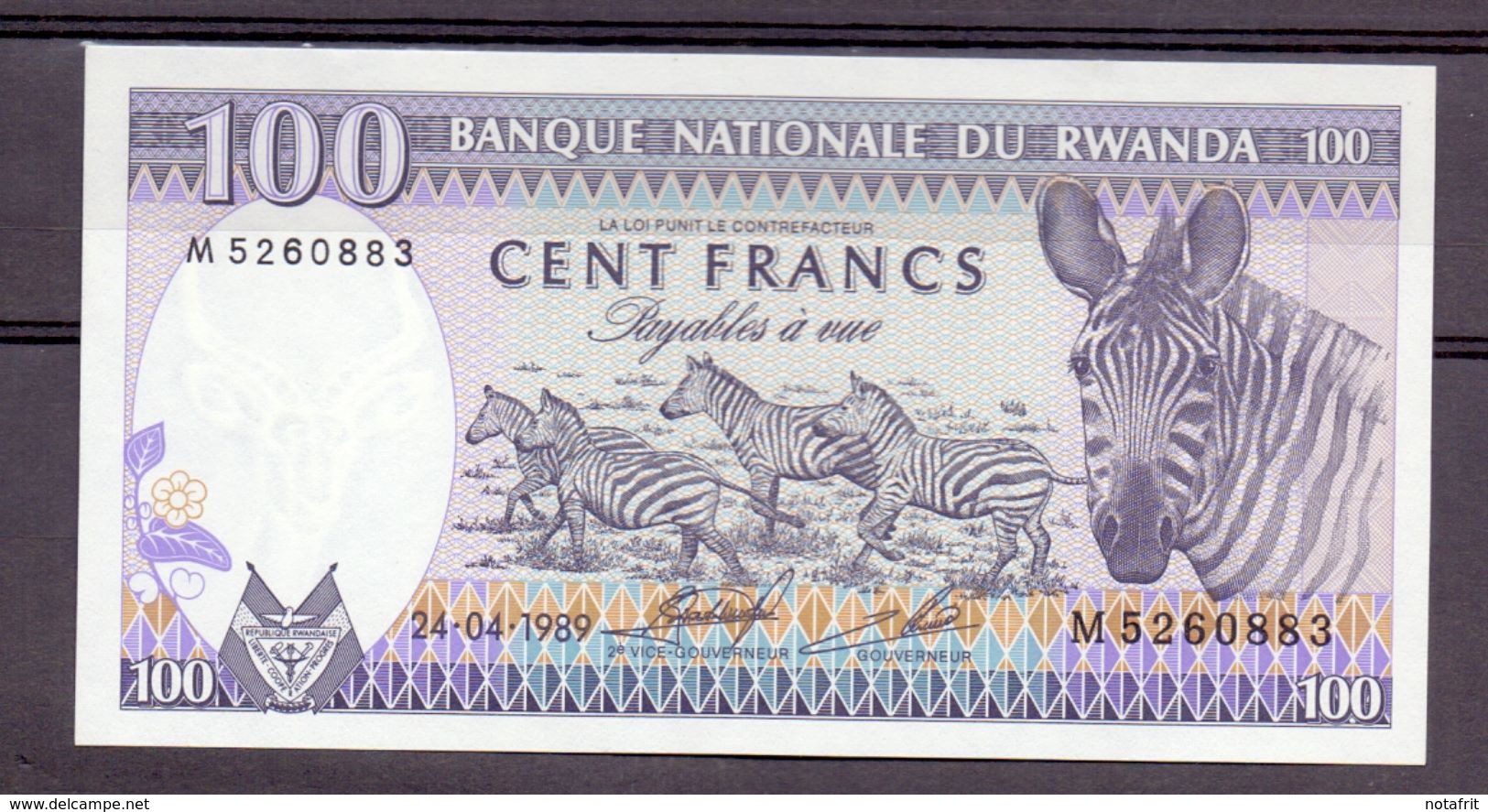 Rwanda 100 Fr 1989  1 Year Type  UNC - Autres - Afrique