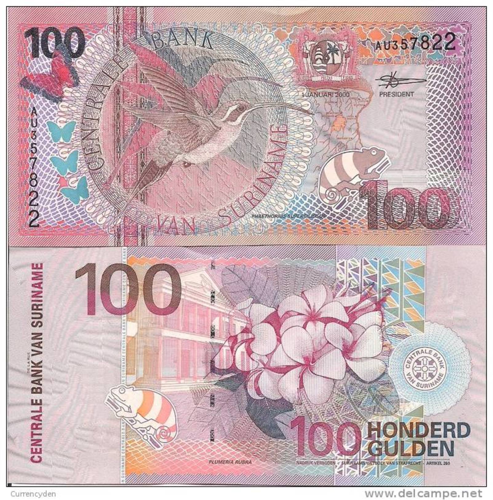 Suriname P-149, 100 Gulden, Hummingbird, Jasmine - Surinam