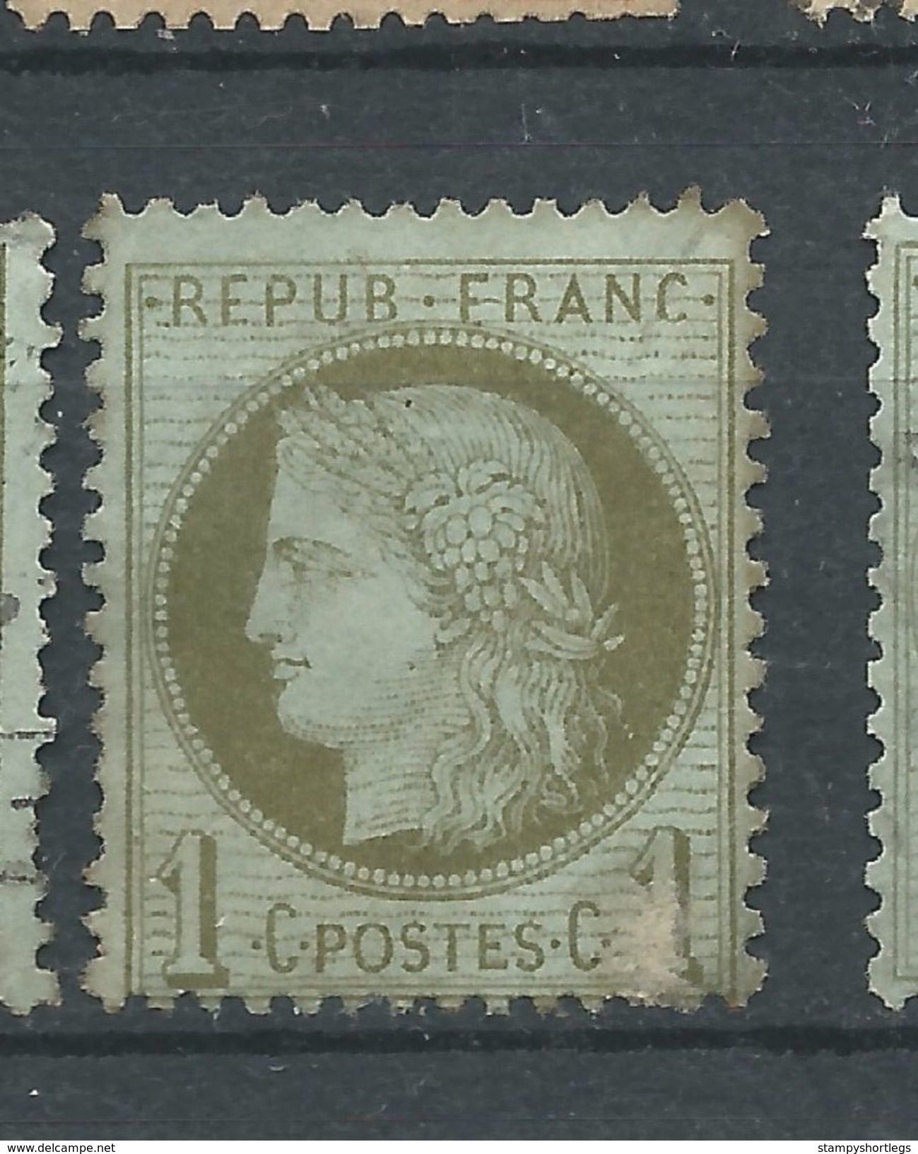 France Ceres  1871   One Cent Green .    On Bluish.  No Postmark.  No Gum.  Creased - 1871-1875 Cérès