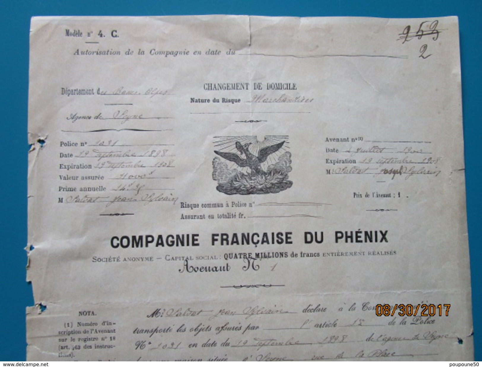 En 1898 Police D'assurance  Avenant  En 1900  COMPAGNIE FRANCAISE DU PHENIX - 1800 – 1899