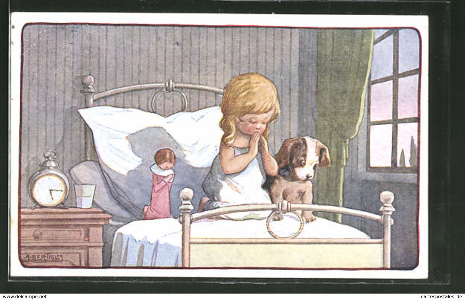 CPA Illustrateur A. Bertiglia: Betendes Fille, Puppe Et Chien - Bertiglia, A.