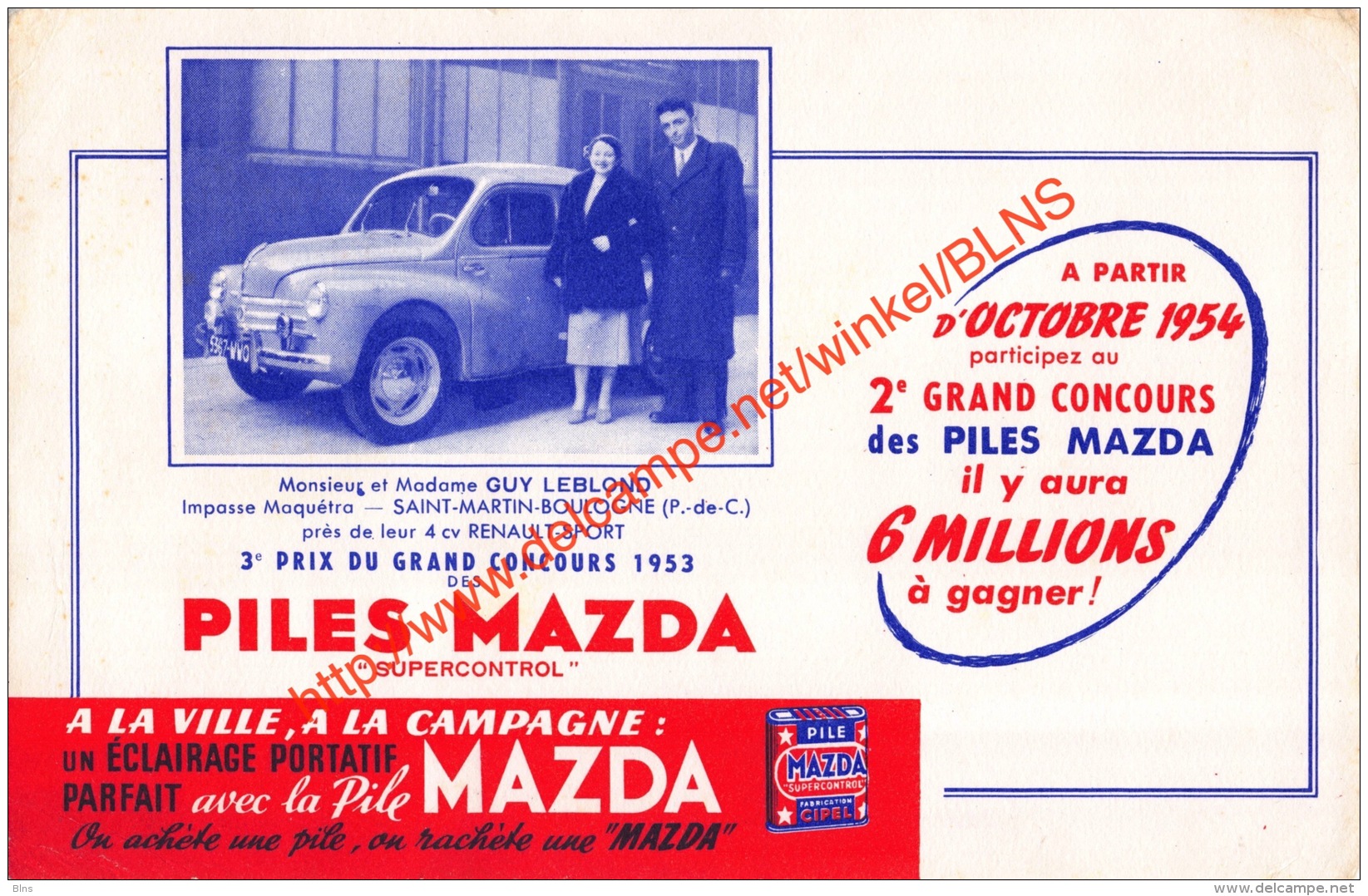 La Pile Mazda - 1953 - 4CV Renault-sport - 20.5x13.5cm Buvard - Automobile