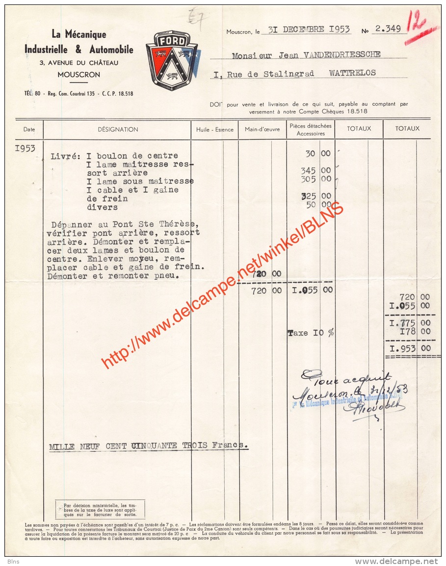 Ford - Mouscron - 1953 - Facture - Automobil