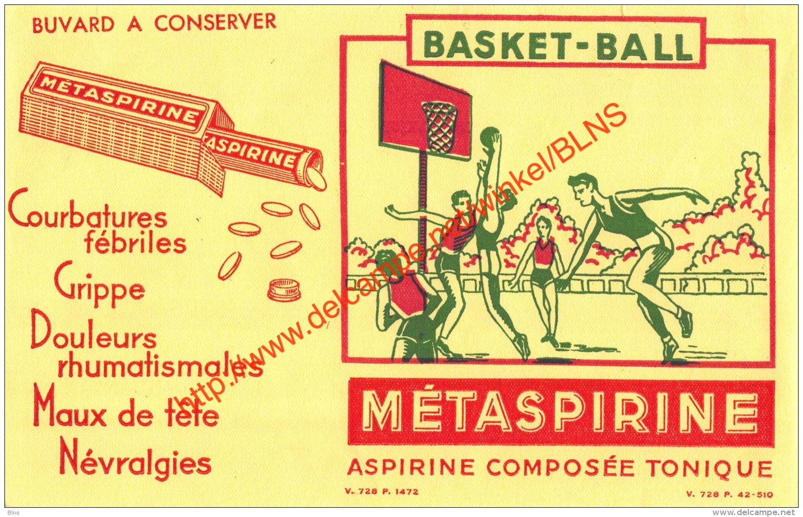 Métaspirine - Basket-ball - Aspirine - Buvard 21x13.5cm - Produits Pharmaceutiques