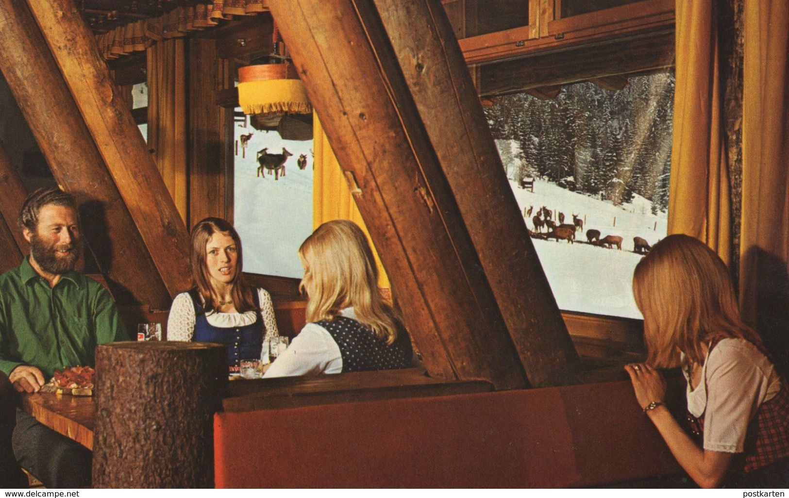 ÄLTERE POSTKARTE LOFER GEMÜTLICHKEIT IM RESTAURANT KNAPPENSTADL MIT BLICK ZUR HIRSCHFÜTTERUNG Hirsch Reh Roe Deer AK - Lofer