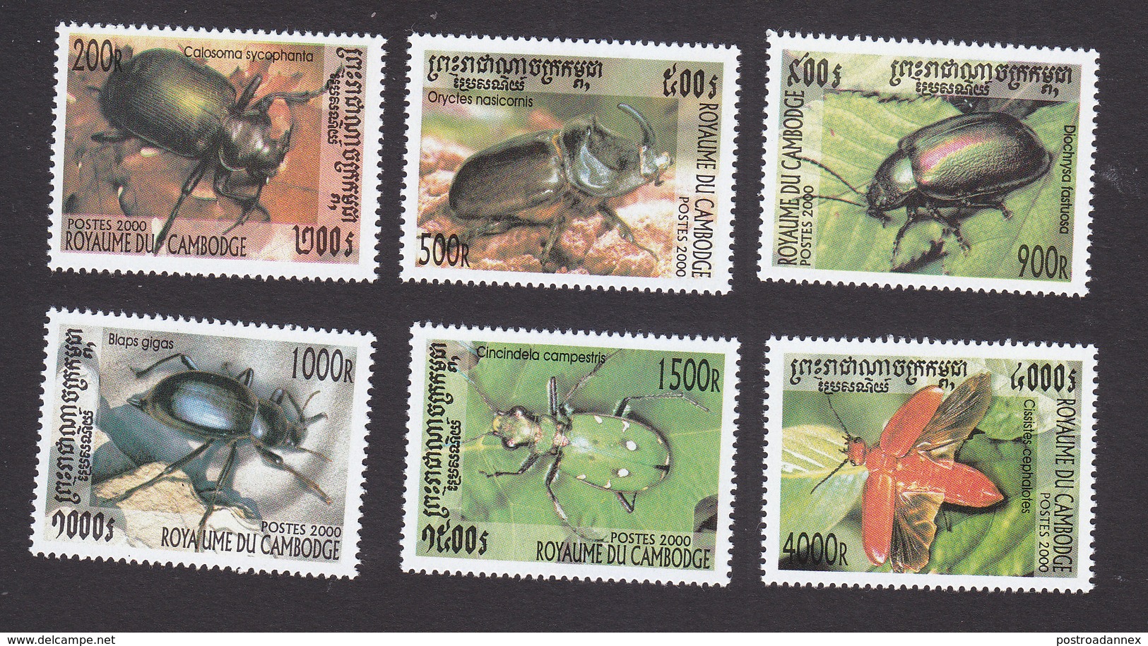 Cambodia, Scott #1931-1936, Mint Hinged, Beetles, Issued 2000 - Cambodja