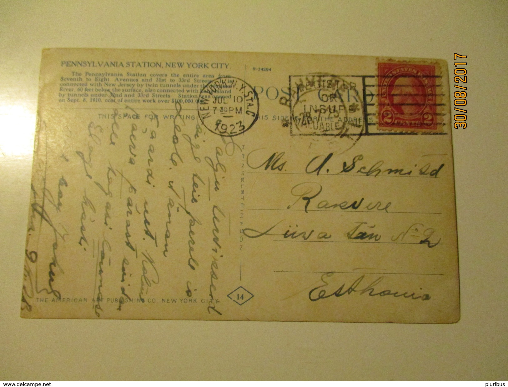 USA NEW YORK TO ESTONIA 1923 , PENNSYLVANIA STATION , TRAM   , OLD POSTCARD  ,K0 - Other & Unclassified