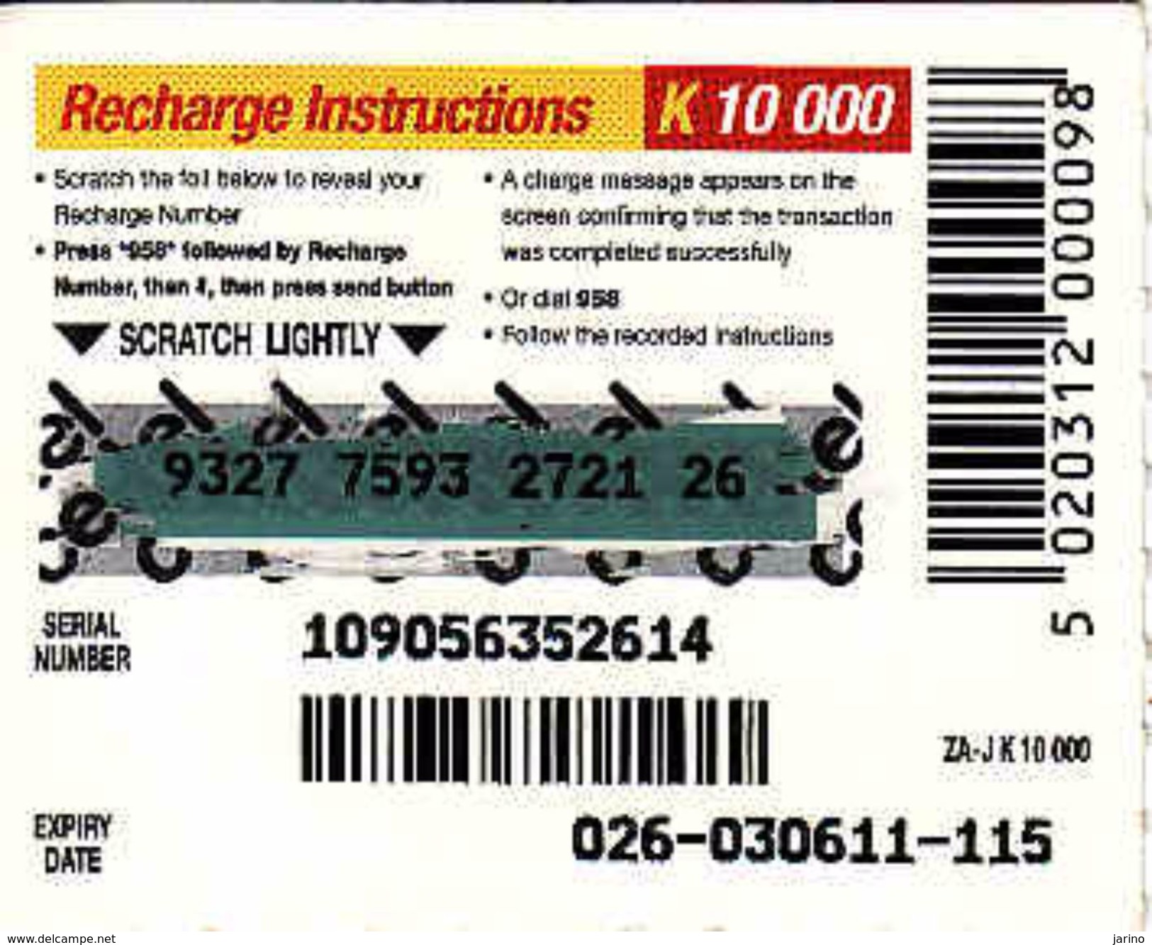 Zambia Celtel K 10 000 Recharge Phonecard, Used - Zambie