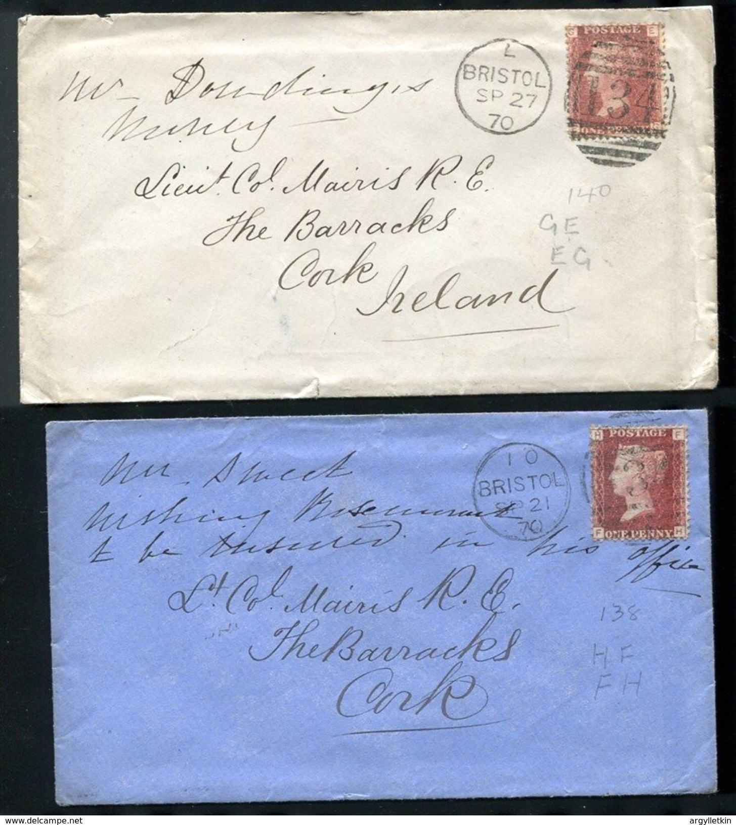 GREAT BRITAIN ROYAL ENGINEERS PENNY RED BRISTOL TO CORK 1870 - Covers & Documents