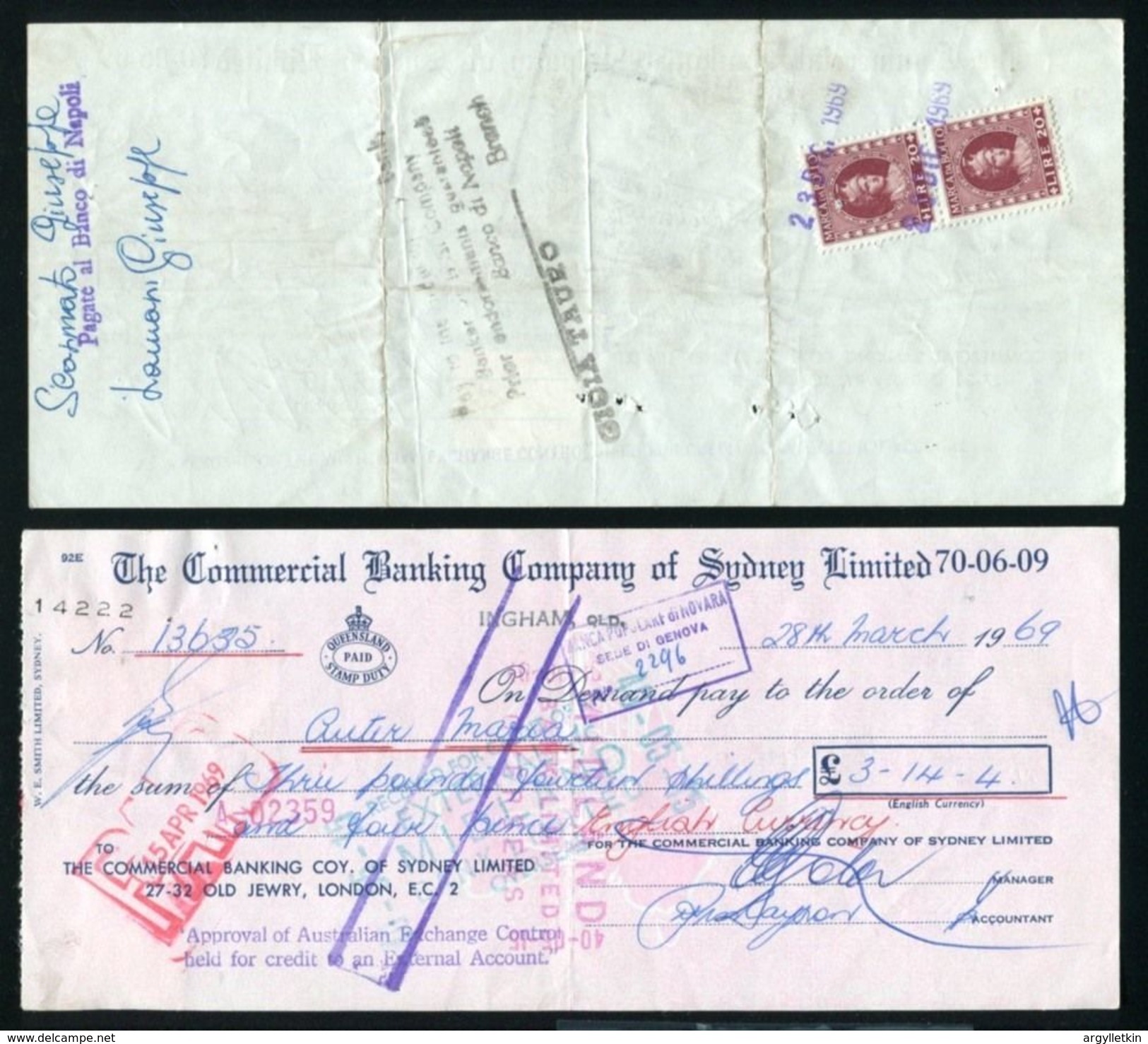 AUSTRALIA ITALY GB CHEQUES MARCA DA BOLLO 1969/70 - Fiscali