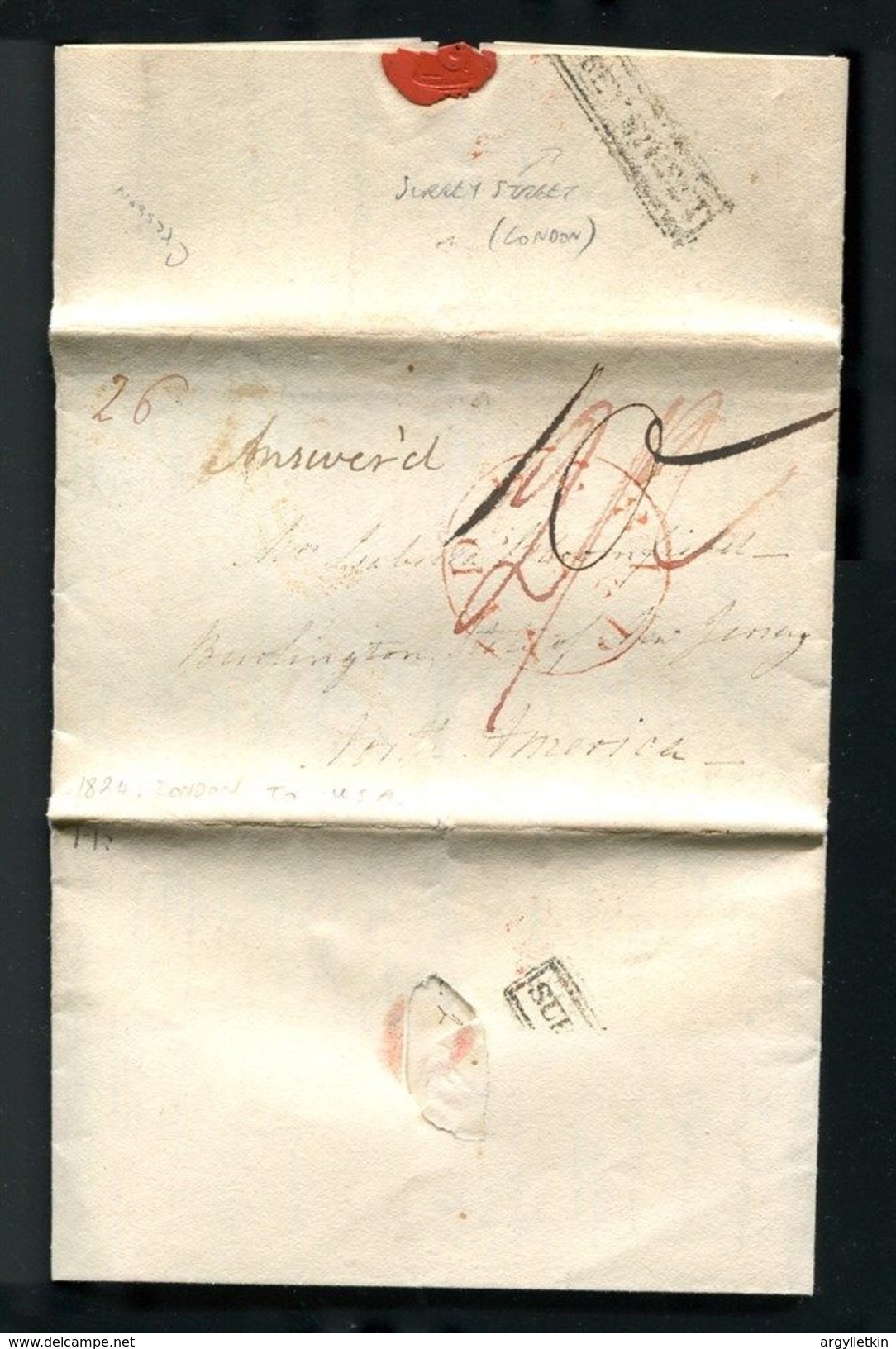 GREAT BRITAIN USA 1824 BURLINGTON NEW JERSEY SURREY STREET LONDON - ...-1840 Préphilatélie