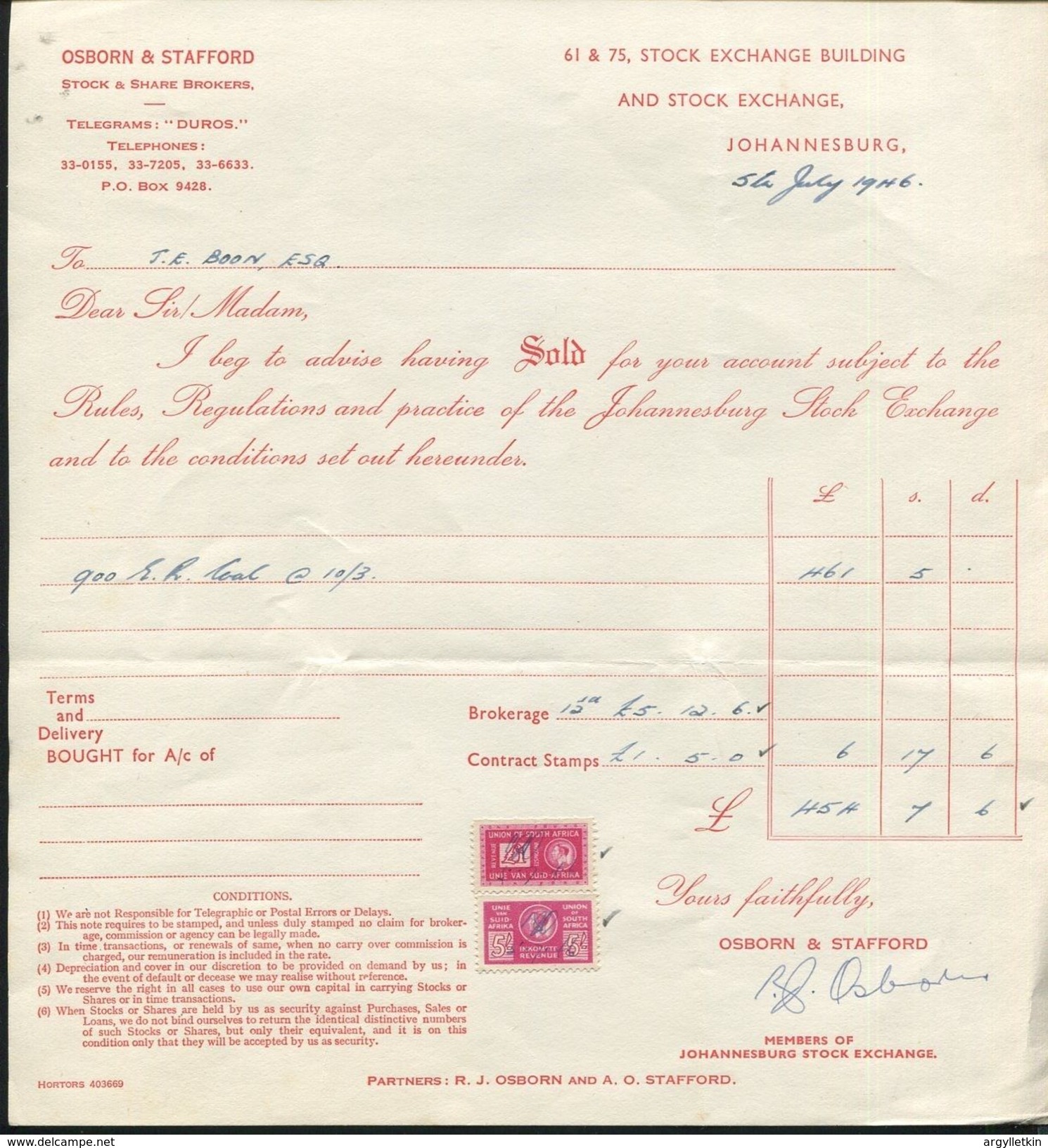 SOUTH AFRICA KING GEORGE SIXTH REVENUES BANTAM COAL SHARES 1946 - Unclassified