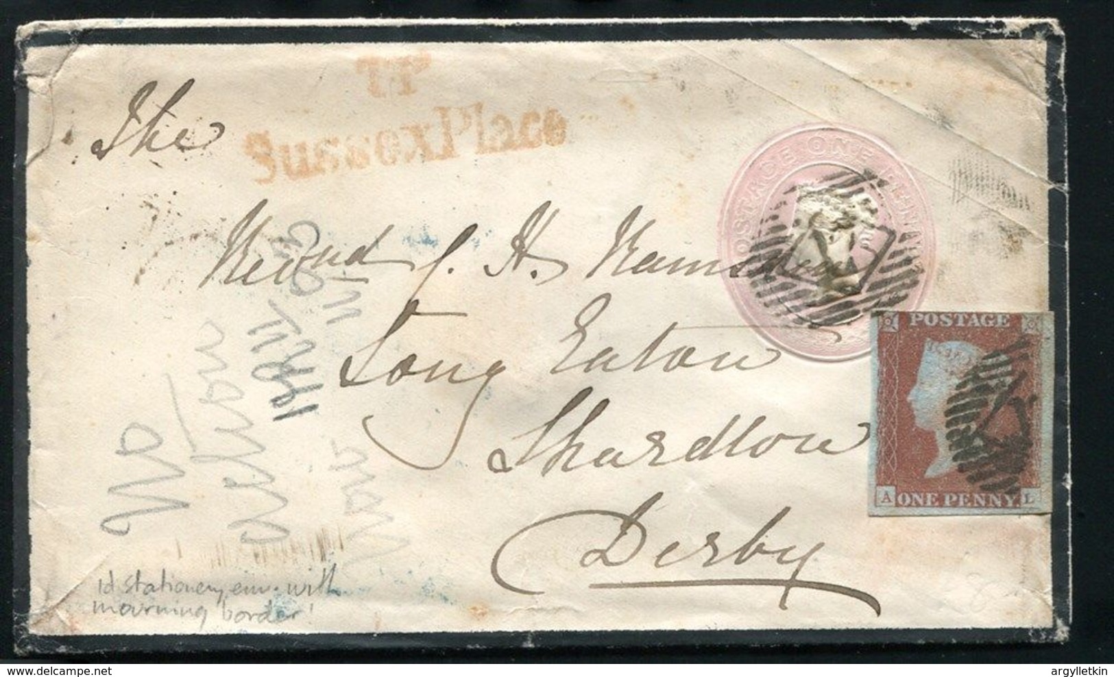 GREAT BRITAIN 1846 MOURNING STATIONERY 1d RED LONDON DERBY - Covers & Documents