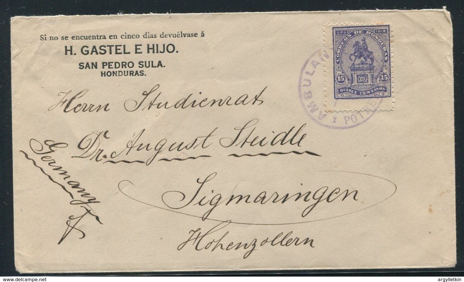 HONDURAS RAILWAY TRAVELLING POST OFFICE AMBULANTE POTRERILLOS 1921 - Other & Unclassified