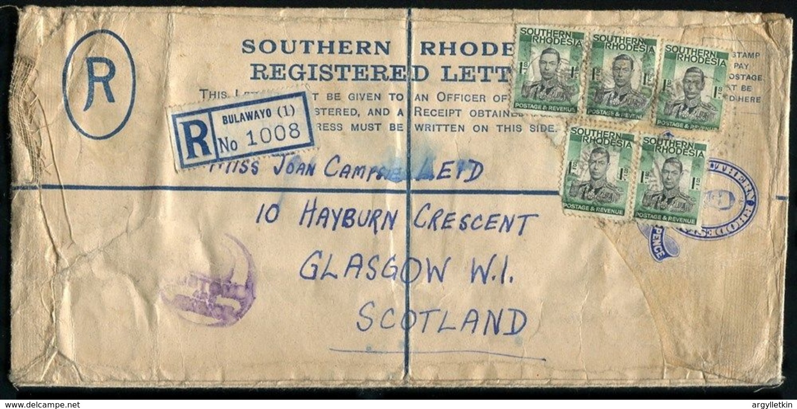 SOUTHERN RHODESIA 1950 REGISTERED STATIONERY GREAT BRITAIN CUSTOMS - Southern Rhodesia (...-1964)