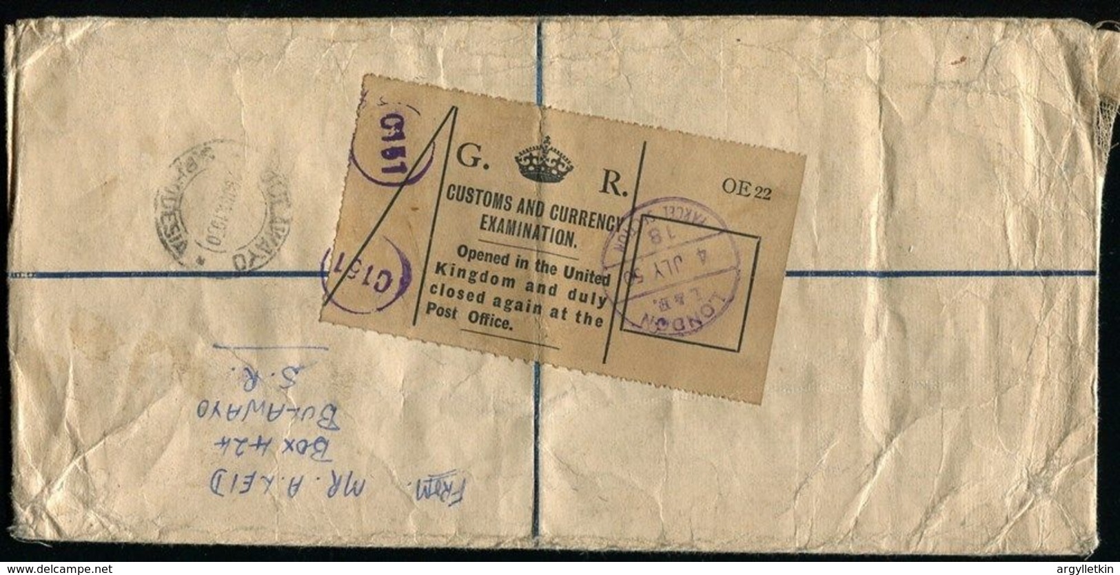 SOUTHERN RHODESIA 1950 REGISTERED STATIONERY GREAT BRITAIN CUSTOMS - Southern Rhodesia (...-1964)