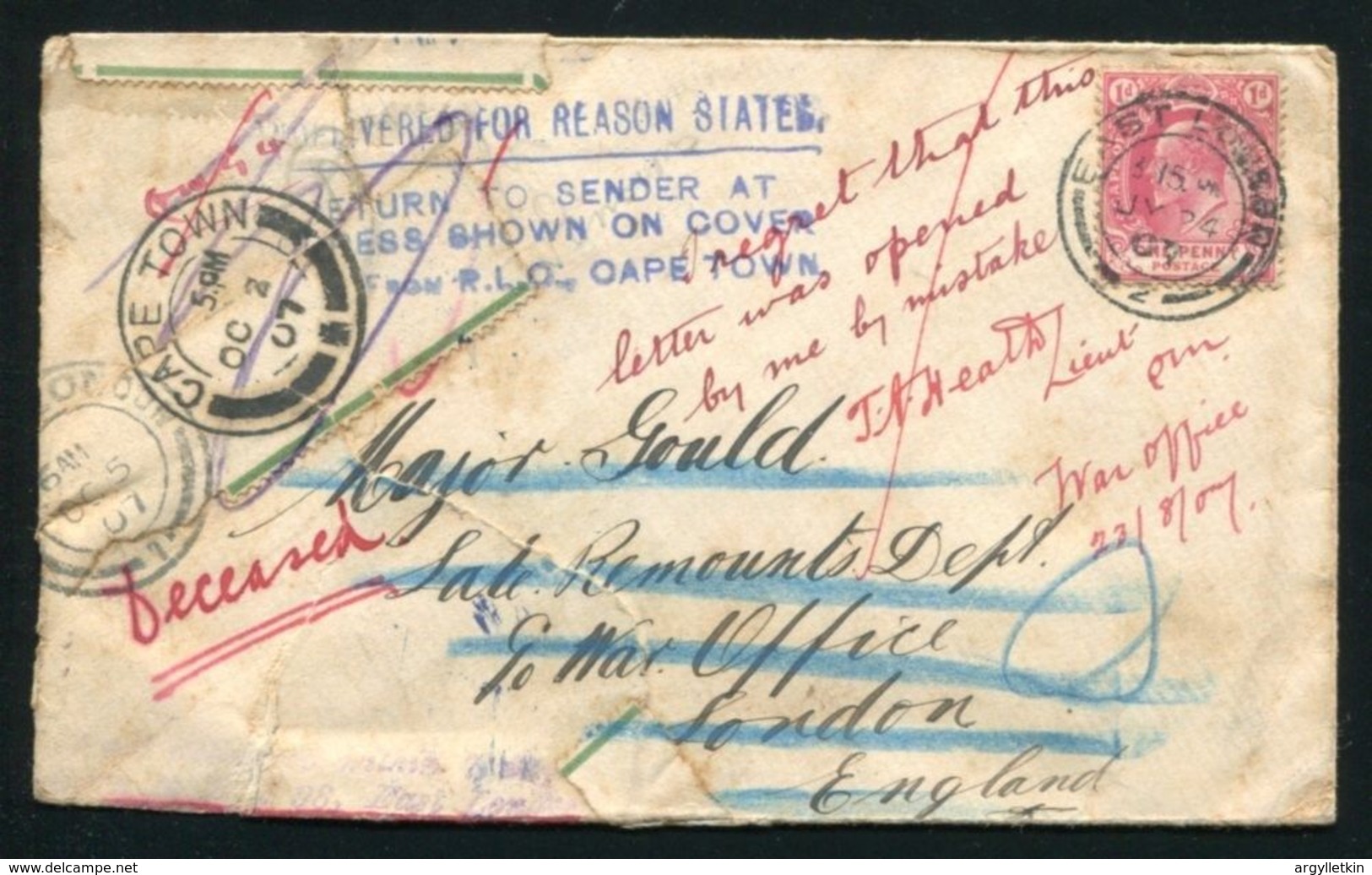 SOUTH AFRICA CAPE 1907 EAST LONDON RETURNED LETTER OFFICE CAPE TOWN AND LONDON - Unclassified