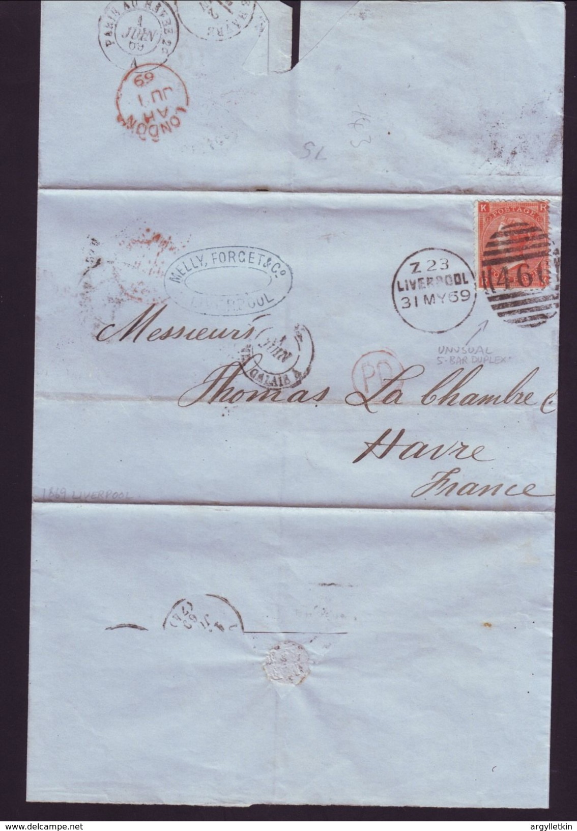 GREAT BRITAIN 1869 COVER LIVERPOOL HAVRE, FRANCE - Postmark Collection