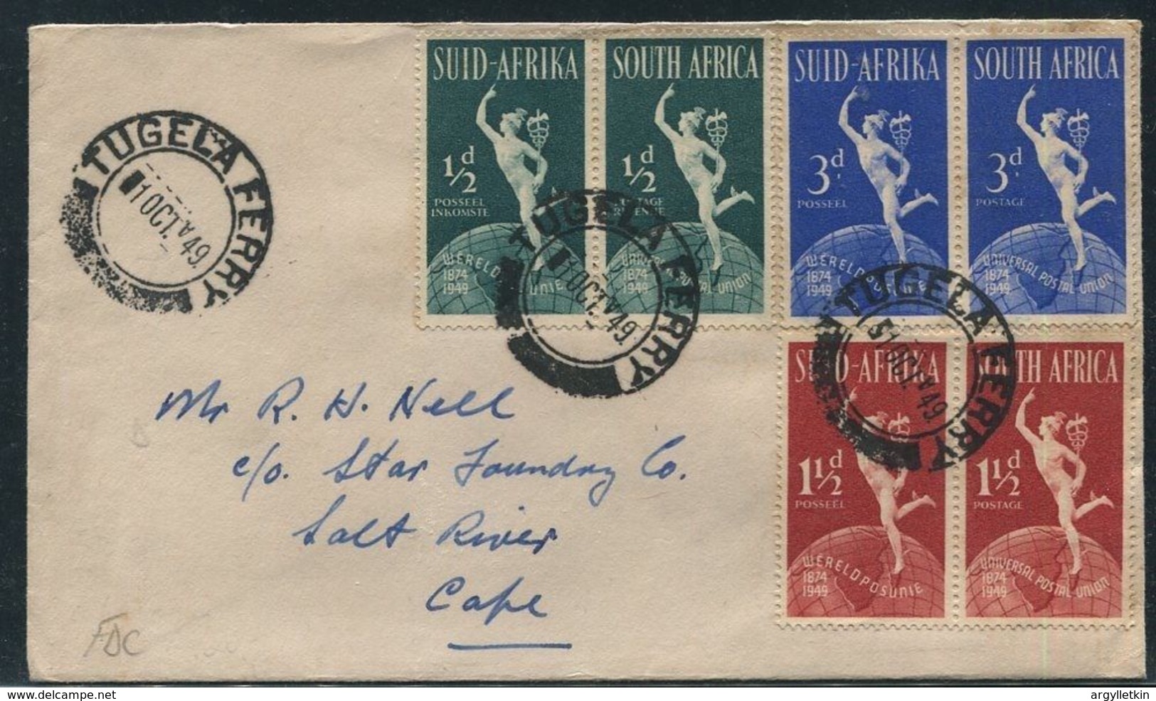 SOUTH AFRICA UPU 1949 FDC TUGELA FERRY INVERTED TIME CODE - Non Classés