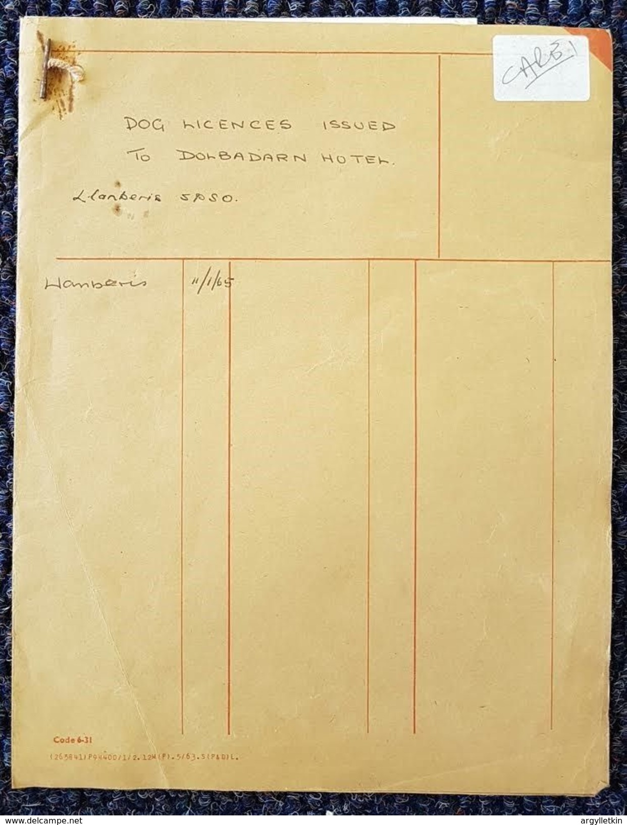 WALES CAERNAVON DOG LICENSE 1964 DOLBADARN HOTEL POLICE - Historical Documents