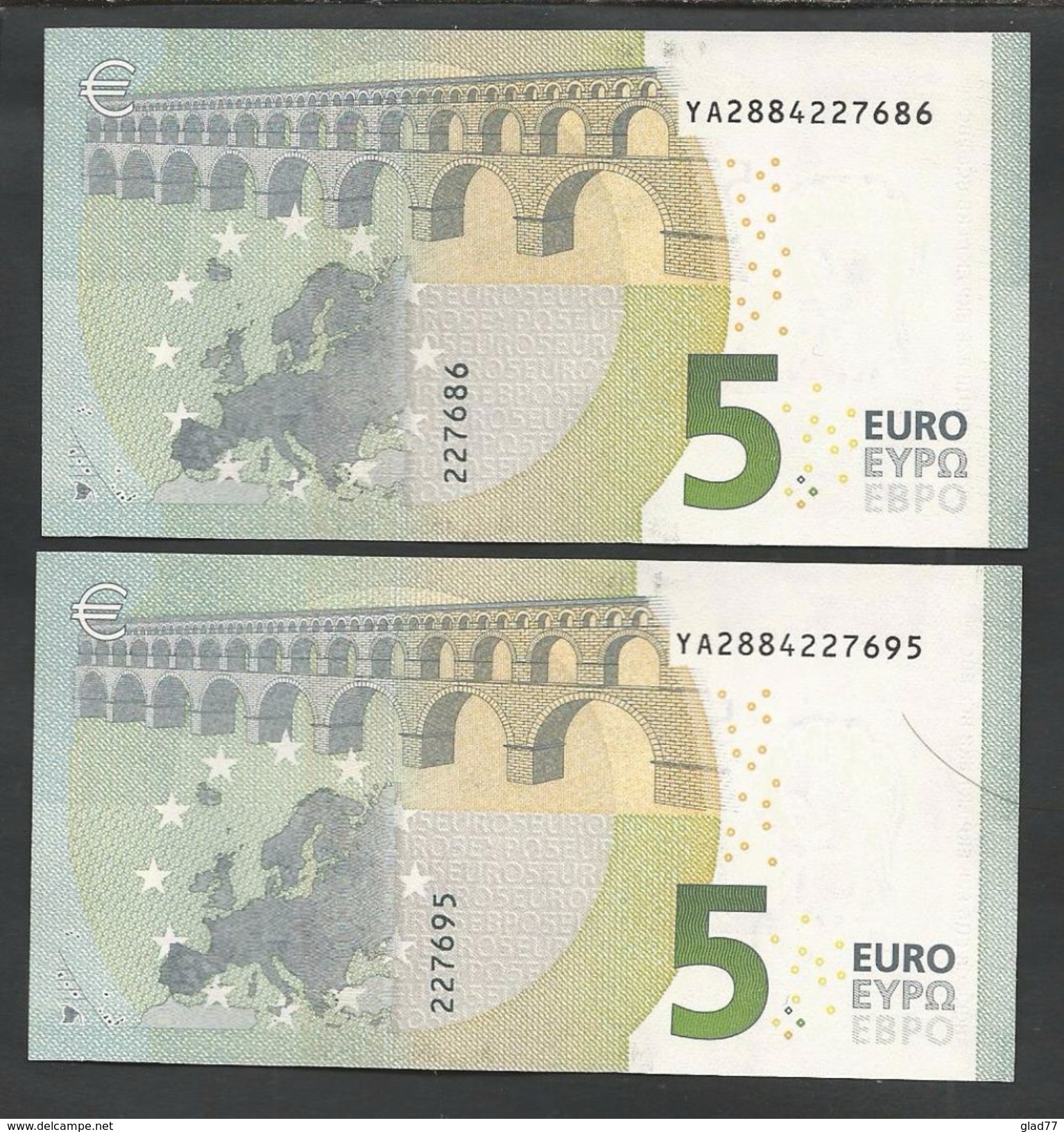 NEW! Lot 2 Pieces Consecutive Numbers Greece  "Y"  5 EURO GEM UNC! Draghi Signatures! Printer Y003C1 !! - 5 Euro