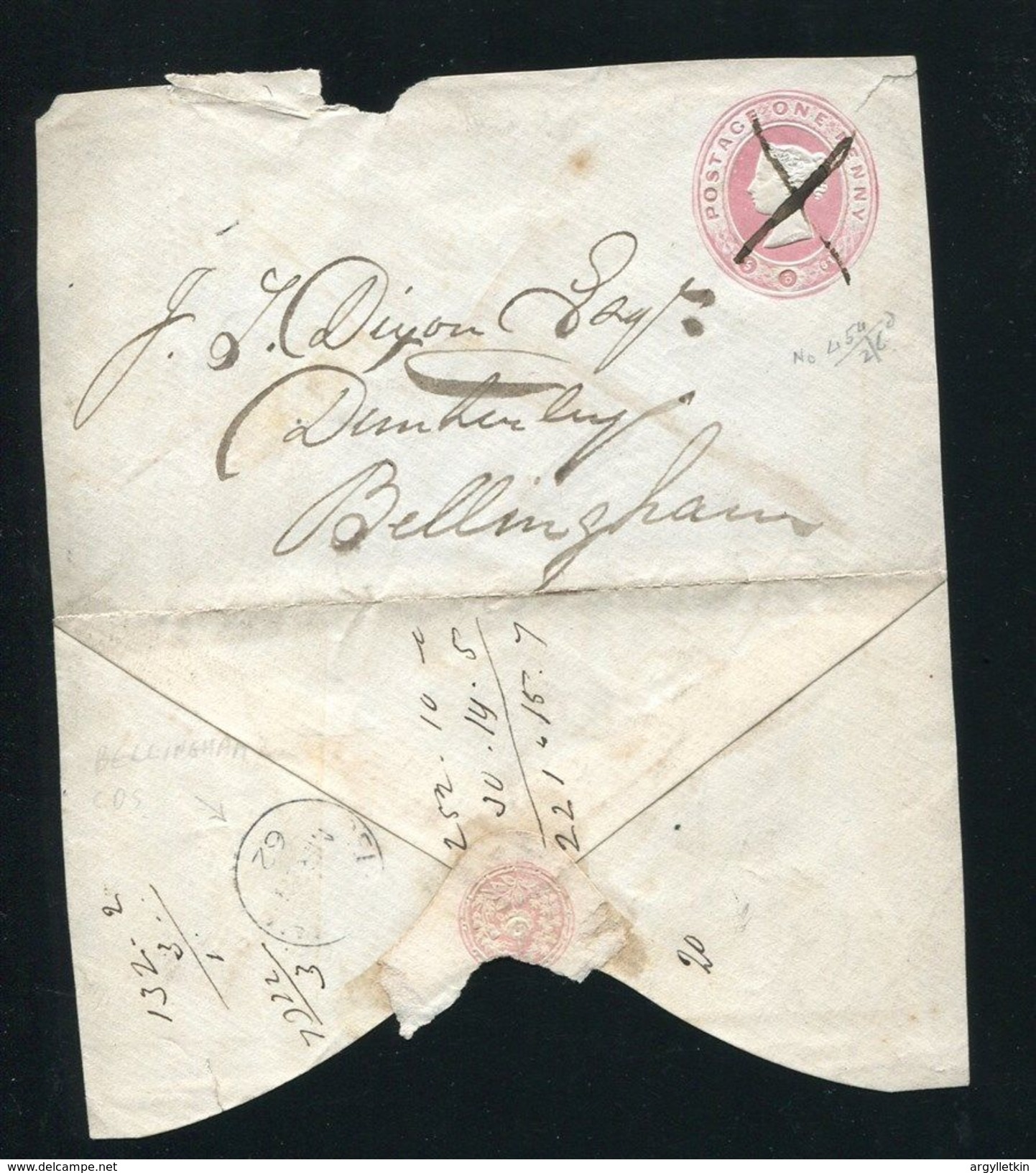 GREAT BRITAIN STATIONERY VICTORIA PENNY PINK  BELLINGHAM MANUSCRIPT 1862 - Brieven En Documenten