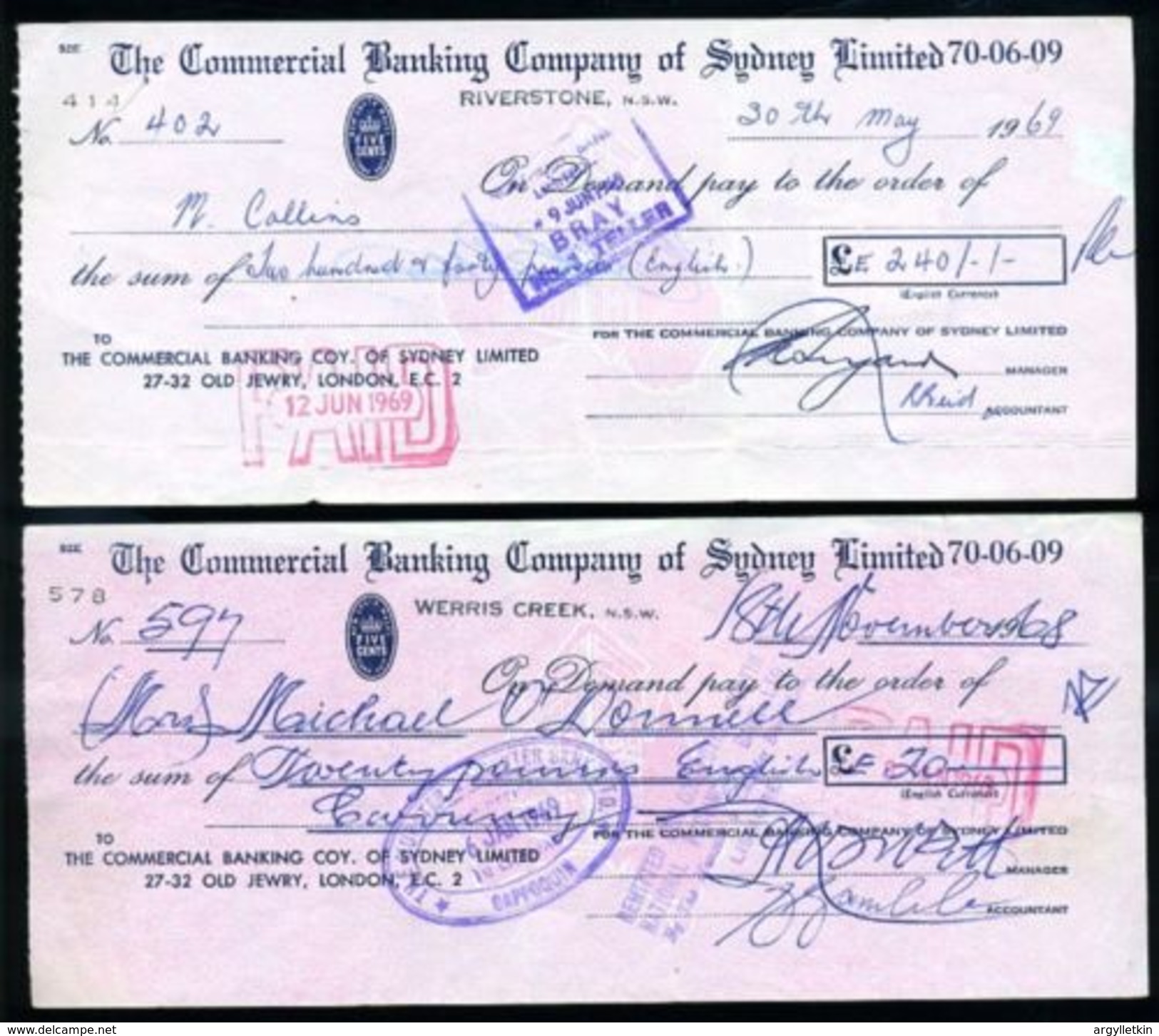 AUSTRALIA / IRELAND 1968/69 CHEQUES - Cheques & Traverler's Cheques