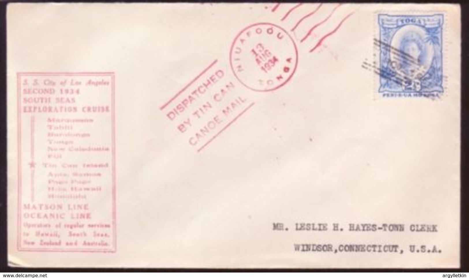 TONGA/TIN CAN MAIL/PACIFIC CRUISE 1934 COVER - Tonga (...-1970)