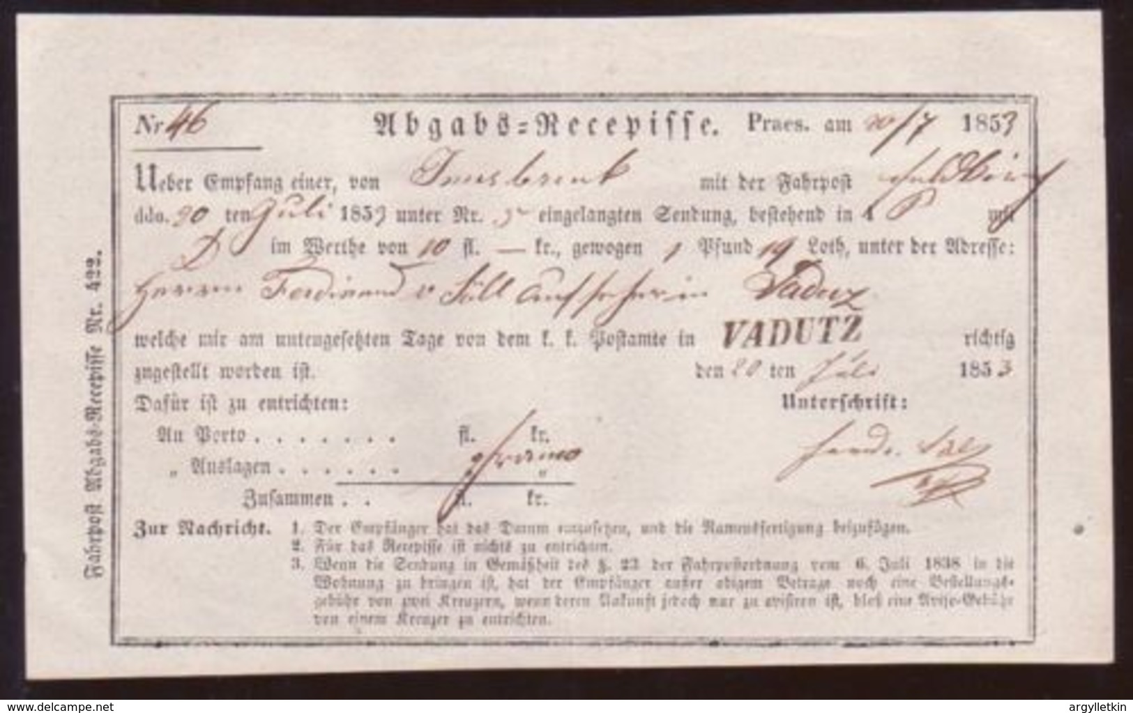 LICHTENSTEIN TRAVELLING POST OFFICE RECEIPT 1853 - ...-1912 Vorphilatelie