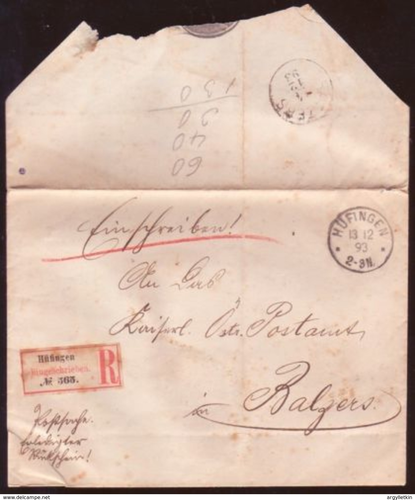 LIECHTENSTEIN/AUSTRIA FORERUNNER - HUFINGEN REG 1893 - ...-1912 Préphilatélie