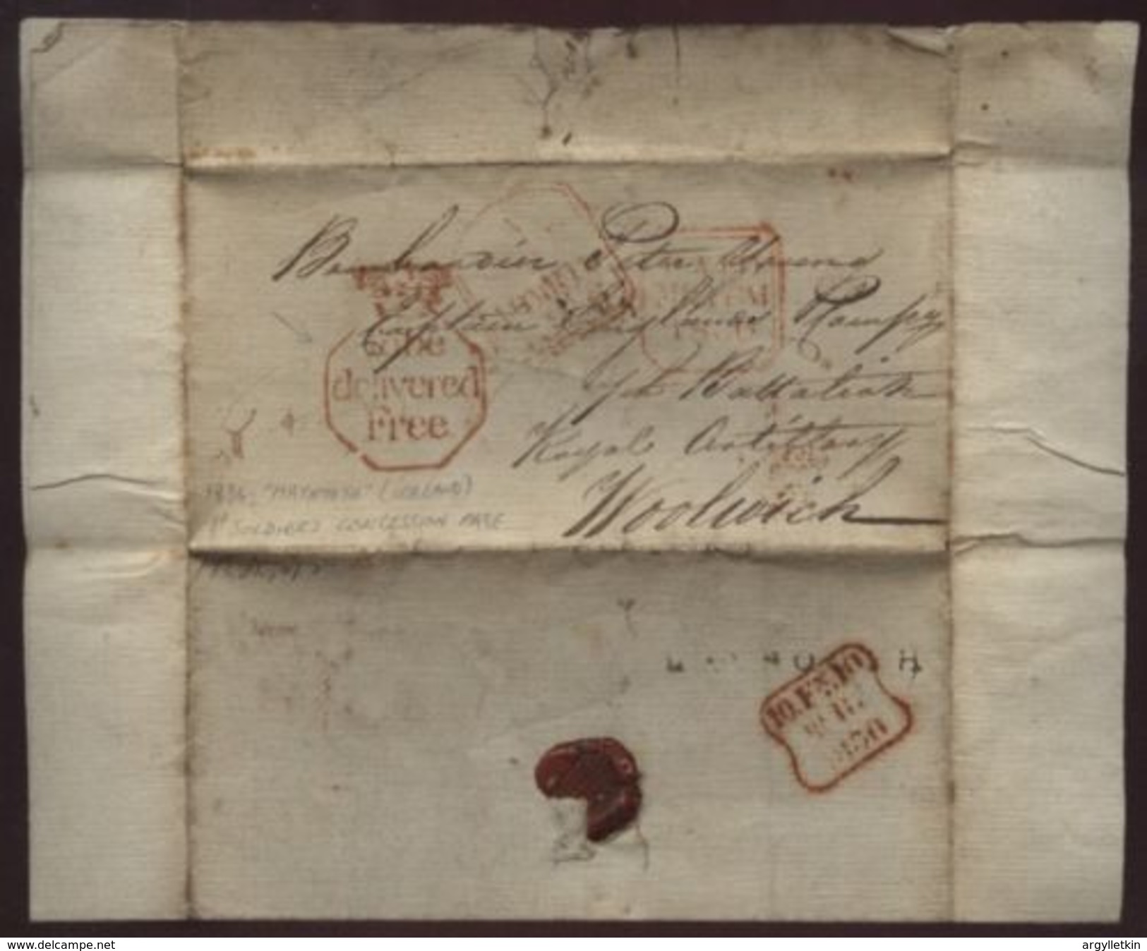 IRELAND 1836 SOLDIER'S LETTER "MAYNOOTH" - WOOLWICH - Briefe U. Dokumente